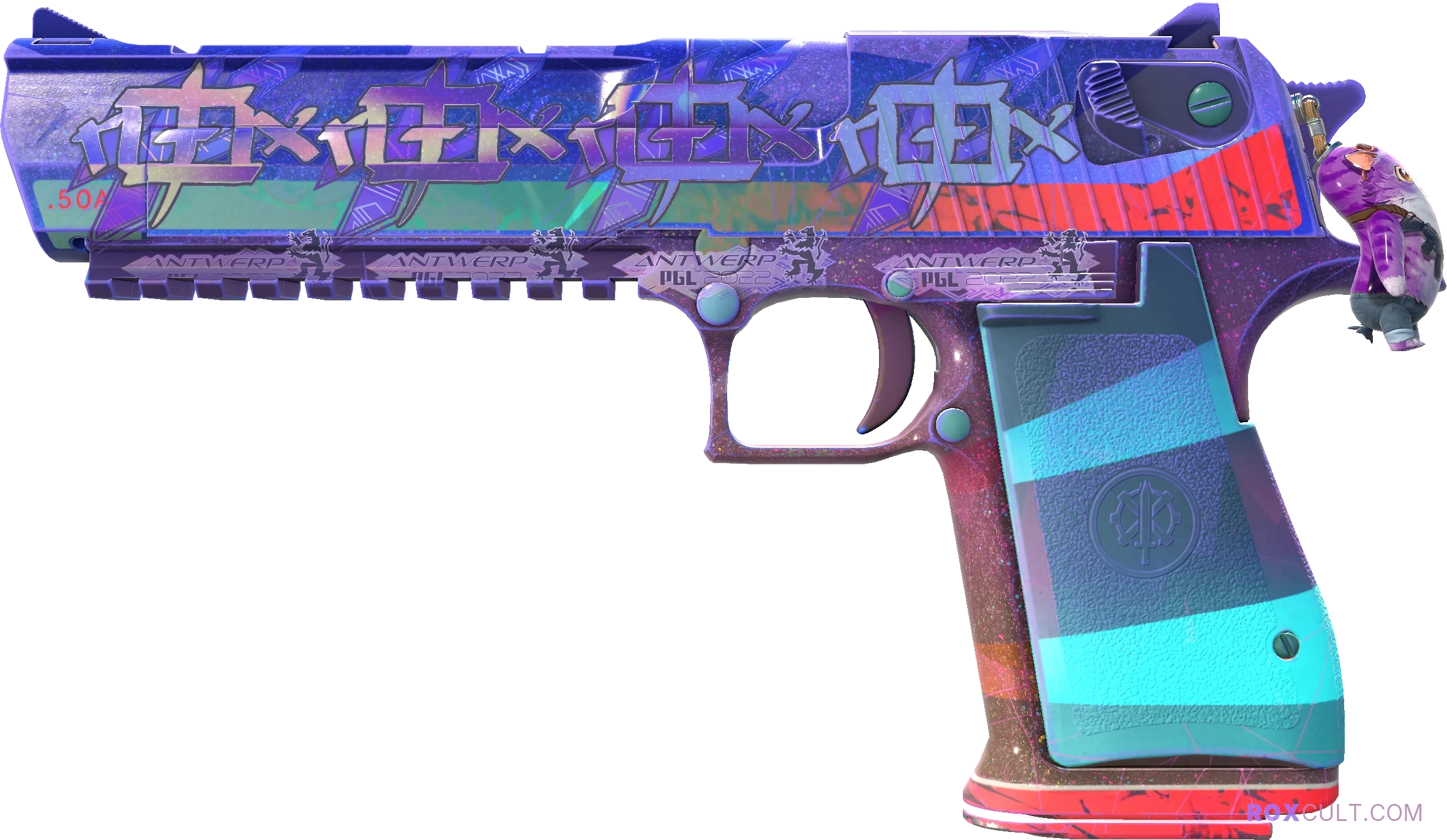 Desert Eagle | Starcade (Factory New) — rox (Holo) Antwerp 2022 craft, playside view with 4 rox (Holo) stickers