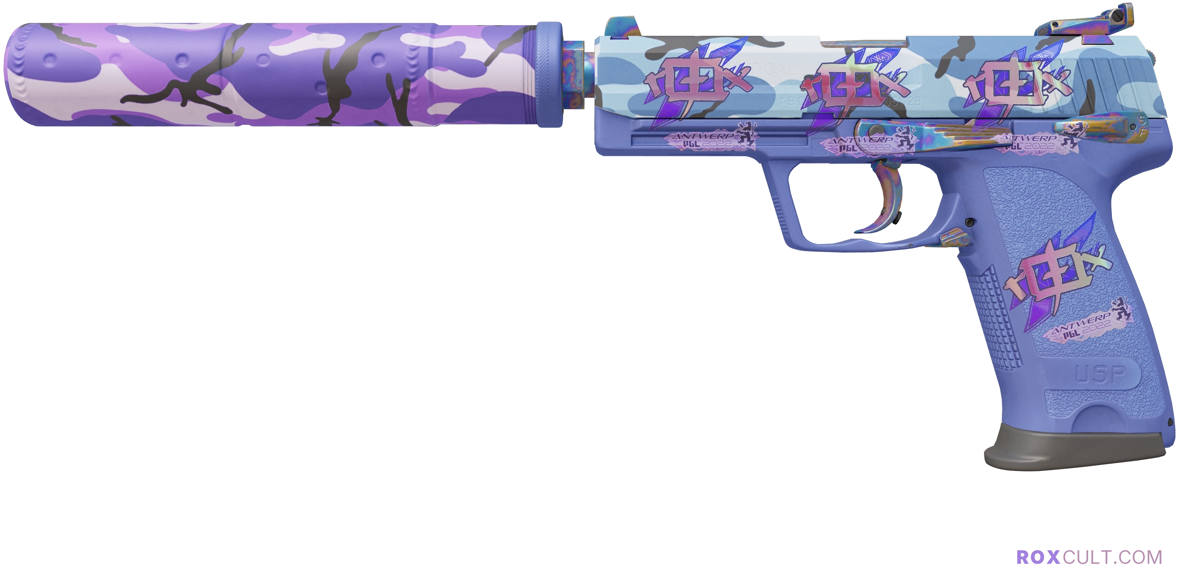 USP-S | Alpine Camo (Factory New) — rox (Holo) Antwerp 2022 craft, playside view with 4 rox (Holo) stickers