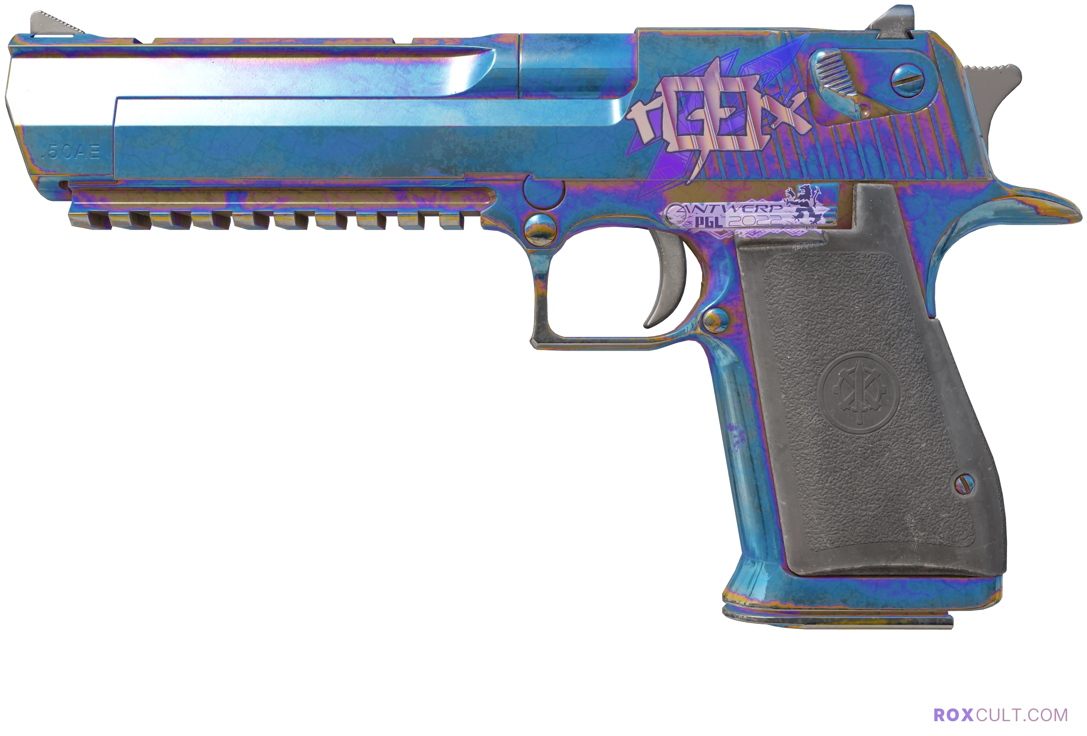 Desert Eagle | Heat Treated (Field-Tested) — rox (Holo) Antwerp 2022 craft, playside view with 1 rox (Holo) sticker