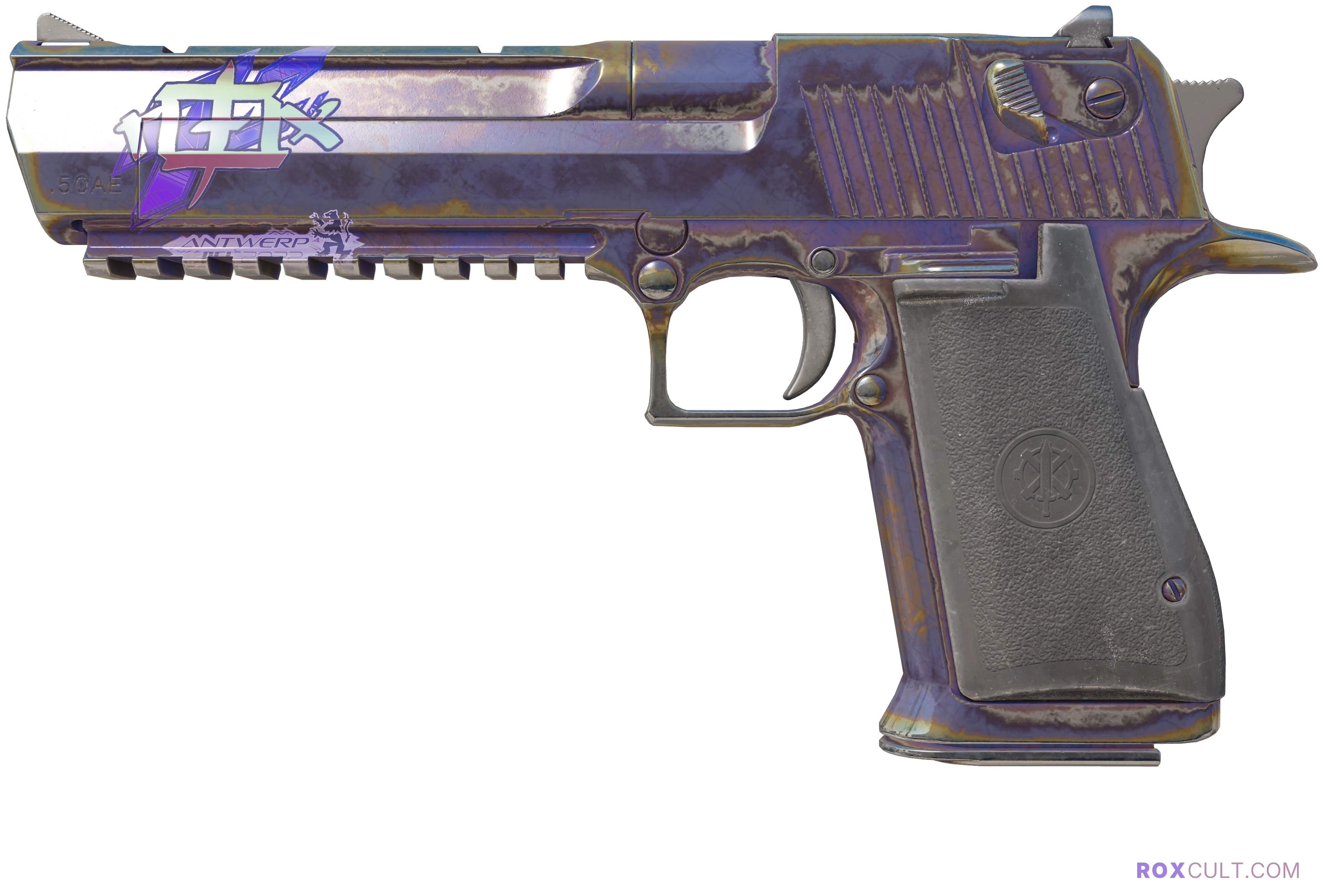 Desert Eagle | Heat Treated (Field-Tested) — rox (Holo) Antwerp 2022 craft, playside view with 1 rox (Holo) sticker