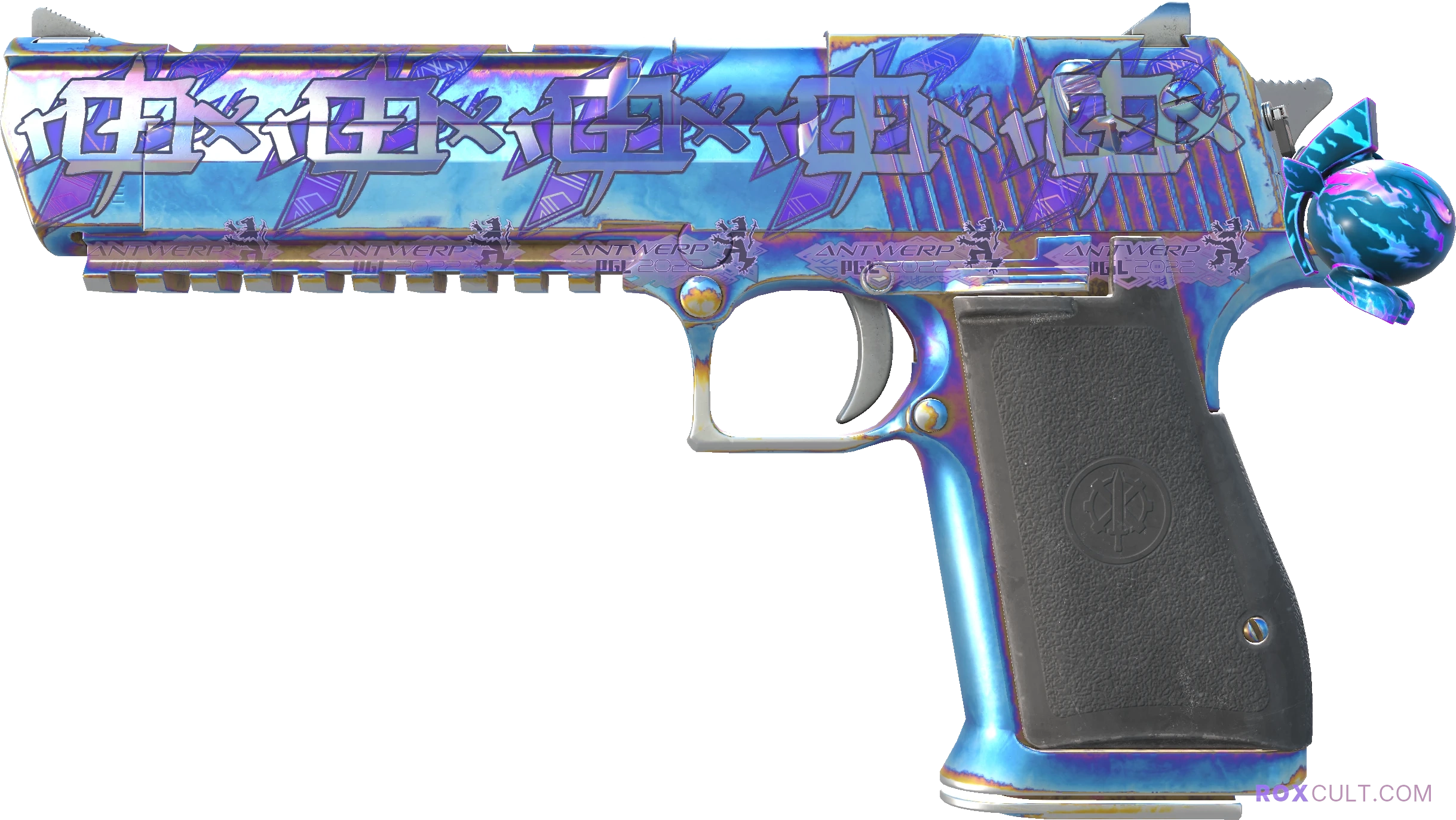 Desert Eagle | Heat Treated (Factory New) — rox (Holo) Antwerp 2022 craft, playside view with 5 rox (Holo) stickers