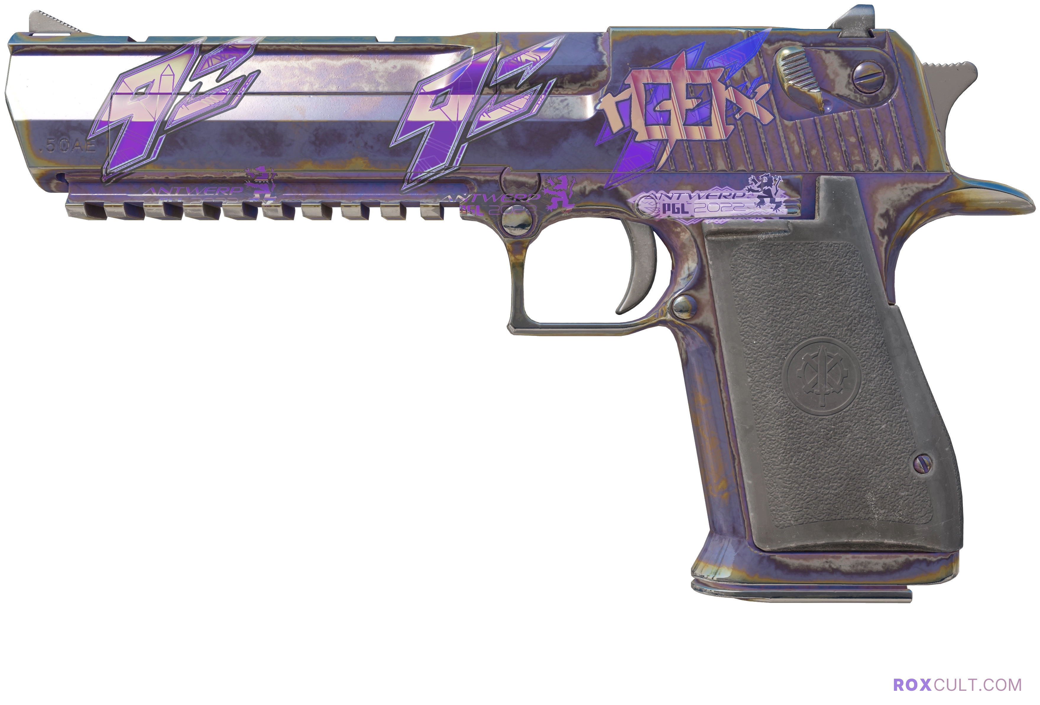 Desert Eagle | Heat Treated (Minimal Wear) — rox (Holo) Antwerp 2022 craft, playside view with 1 rox (Holo) sticker