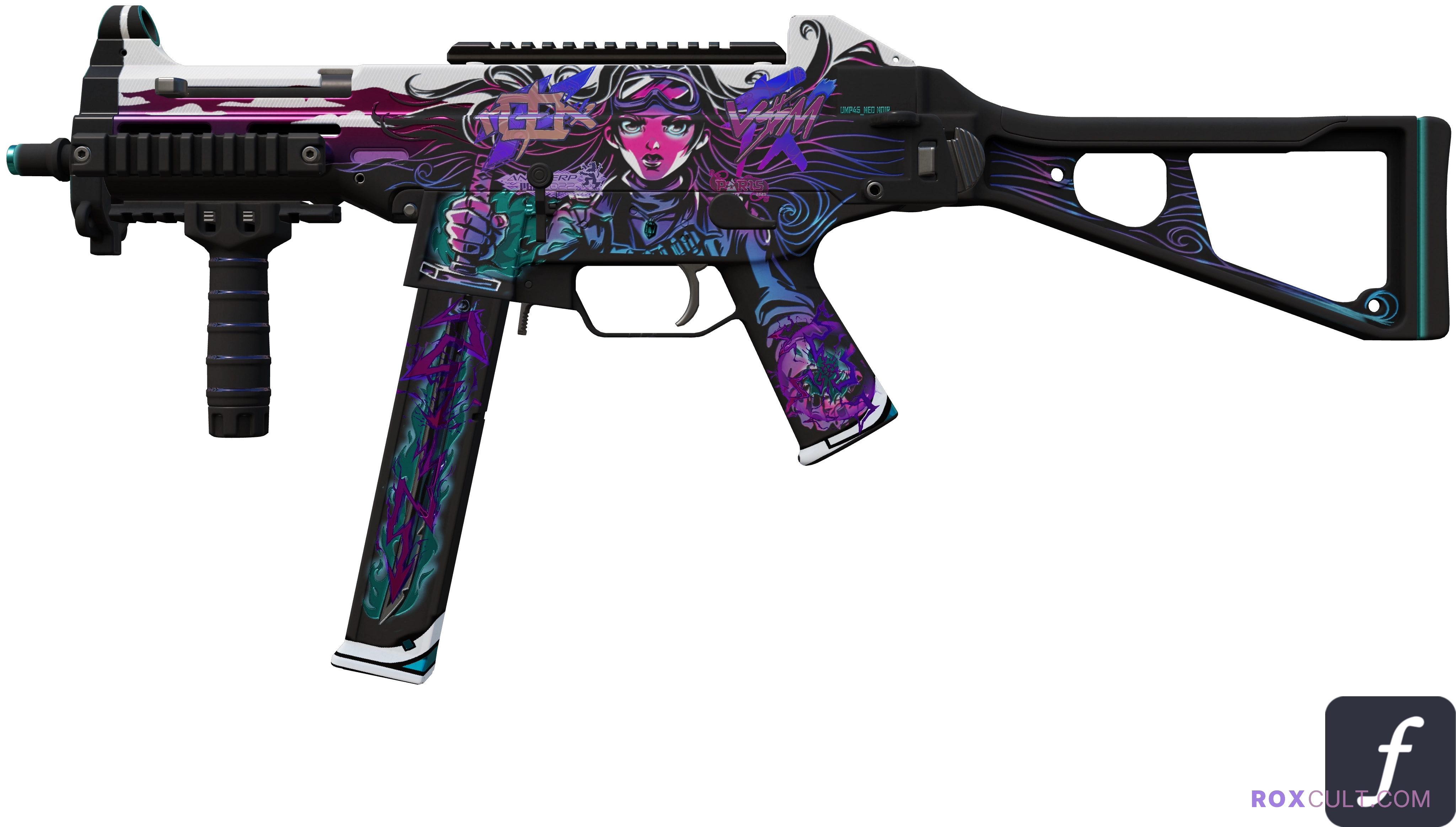 UMP-45 | Neo-Noir (Factory New) — rox (Holo) Antwerp 2022 craft, playside view with 1 rox (Holo) sticker
