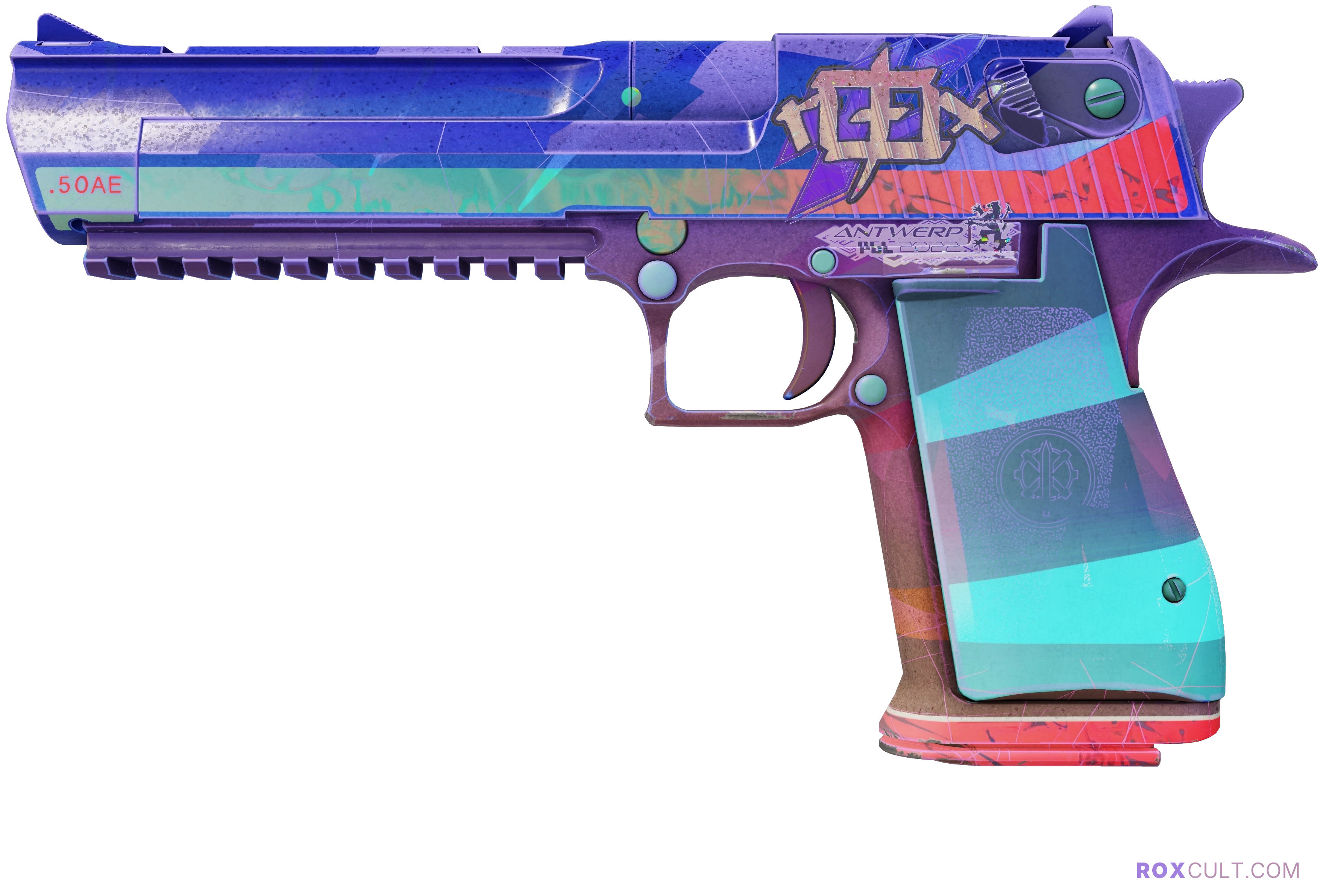 Desert Eagle | Starcade (Factory New) — rox (Holo) Antwerp 2022 craft, playside view with 1 rox (Holo) sticker