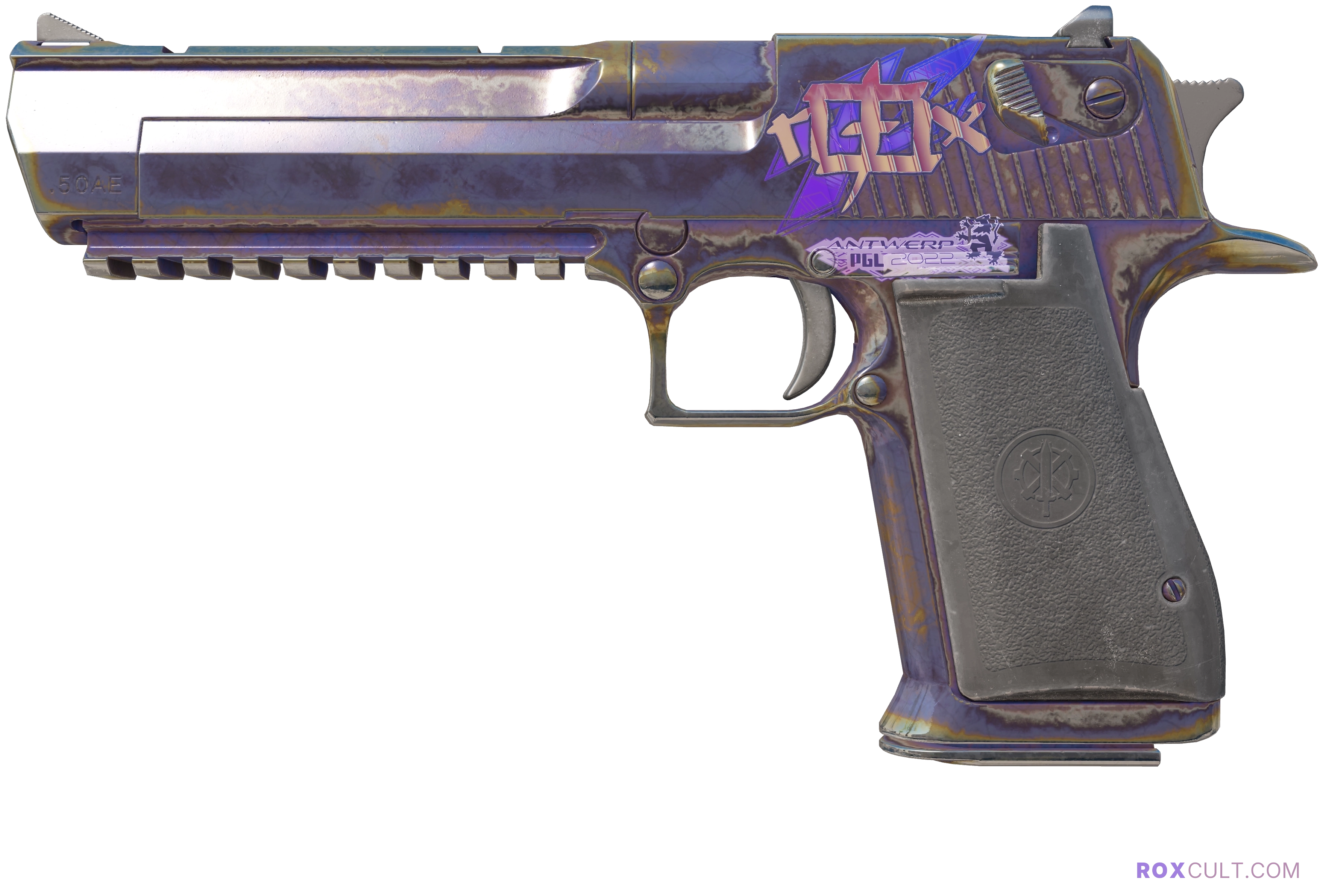 Desert Eagle | Heat Treated (Field-Tested) — rox (Holo) Antwerp 2022 craft, playside view with 1 rox (Holo) sticker