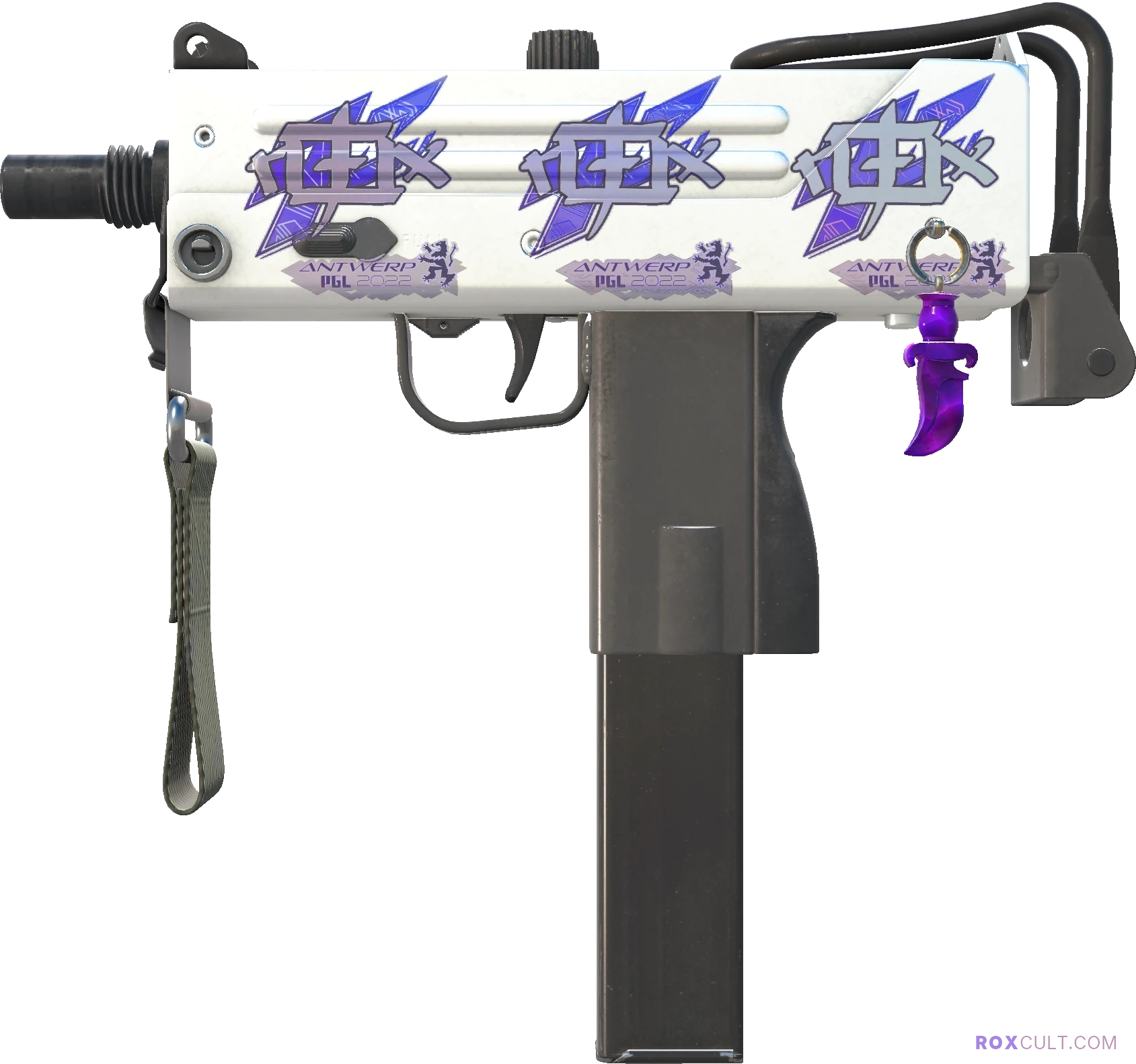 MAC-10 | Silver (Factory New) — rox (Holo) Antwerp 2022 craft, playside view with 3 rox (Holo) stickers