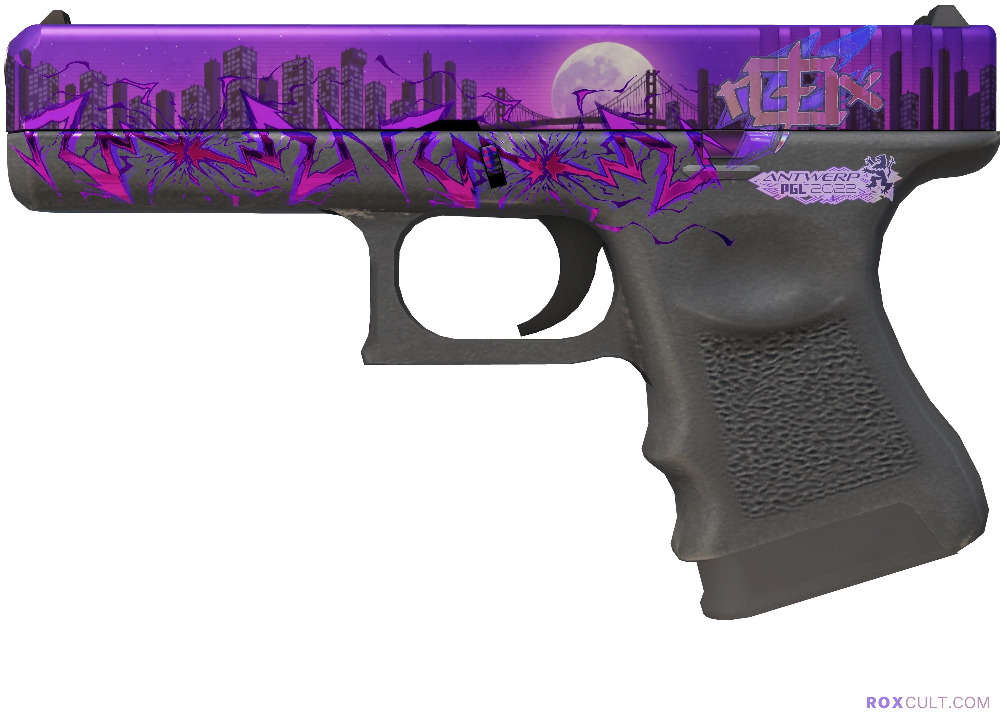 Glock-18 | Moonrise (Factory New) — rox (Holo) Antwerp 2022 craft, playside view with 1 rox (Holo) sticker