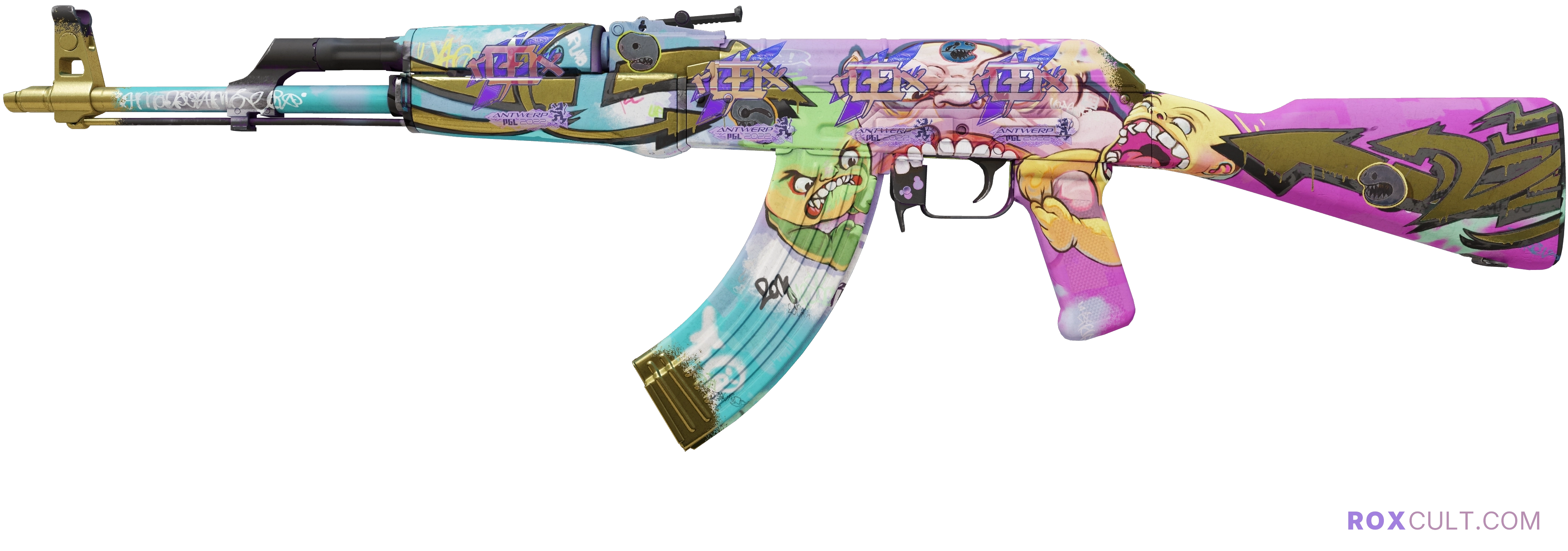 AK-47 | B the Monster (Field-Tested) — rox (Holo) Antwerp 2022 craft, playside view with 4 rox (Holo) stickers