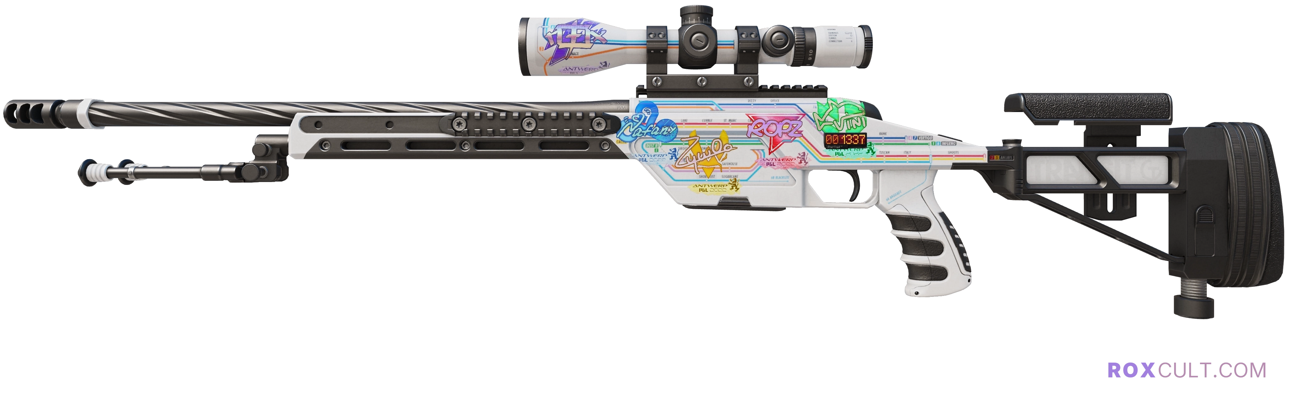StatTrak™ SSG 08 | Rapid Transit (Factory New) — rox (Holo) Antwerp 2022 craft, playside view with 1 rox (Holo) sticker