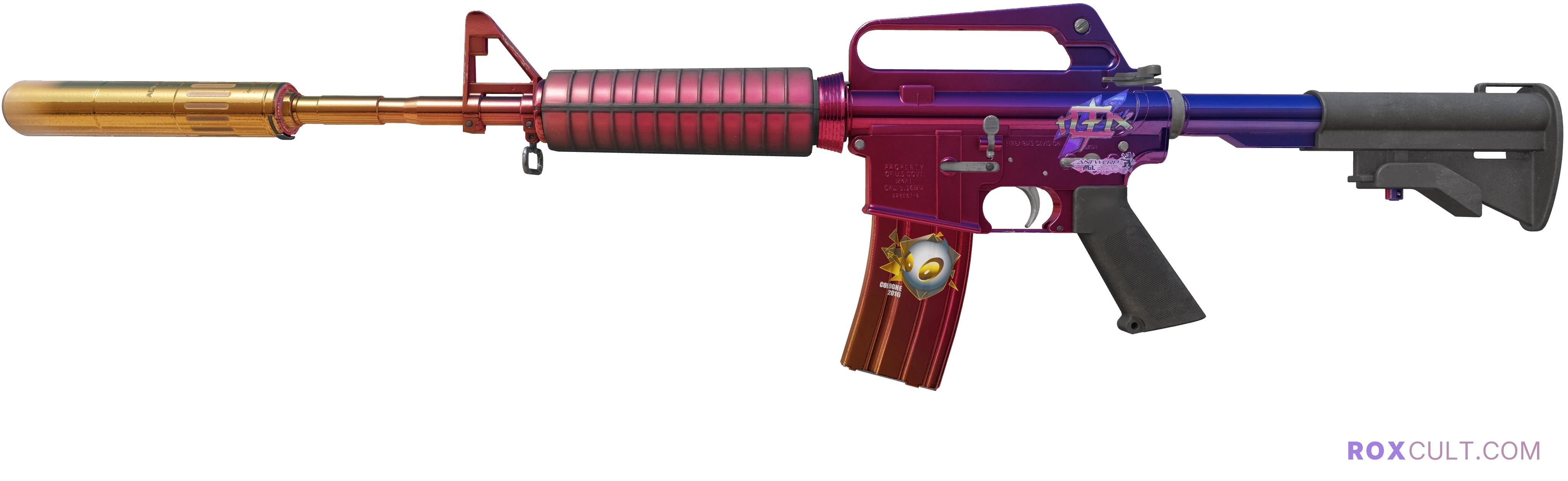 M4A1-S | Fade (Minimal Wear) — rox (Holo) Antwerp 2022 craft, playside view with 1 rox (Holo) sticker
