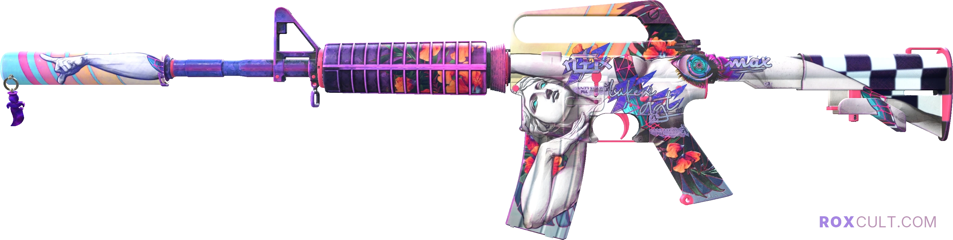 M4A1-S | Vaporwave (Factory New) — rox (Holo) Antwerp 2022 craft, playside view with 1 rox (Holo) sticker