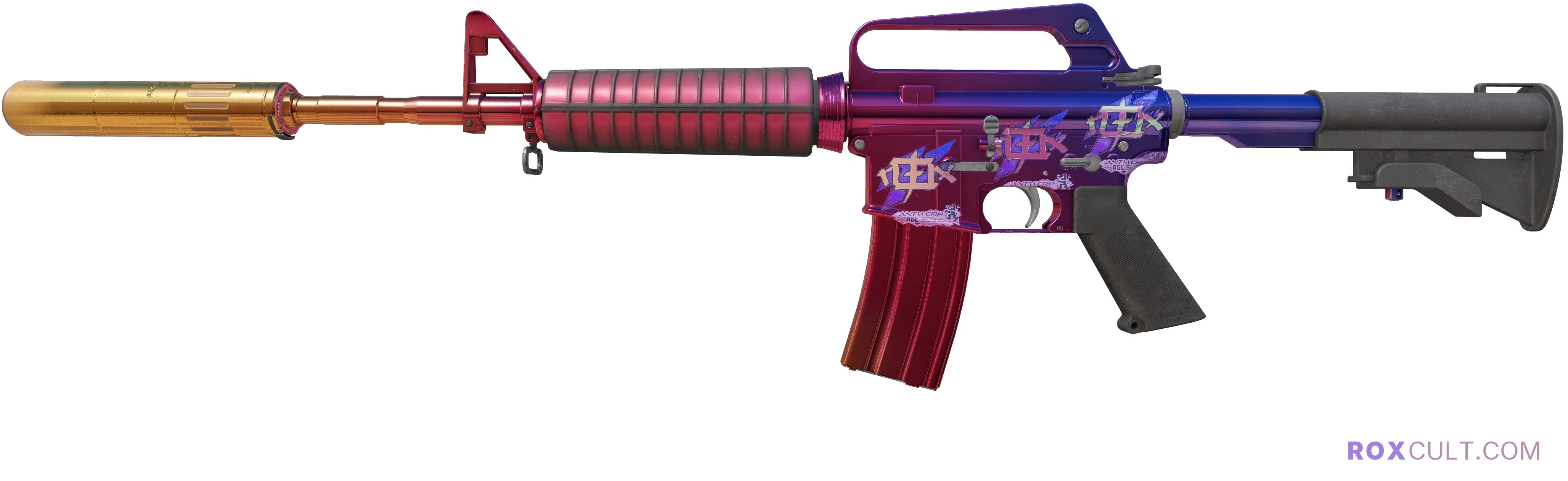 M4A1-S | Fade (Factory New) — rox (Holo) Antwerp 2022 craft, playside view with 3 rox (Holo) stickers