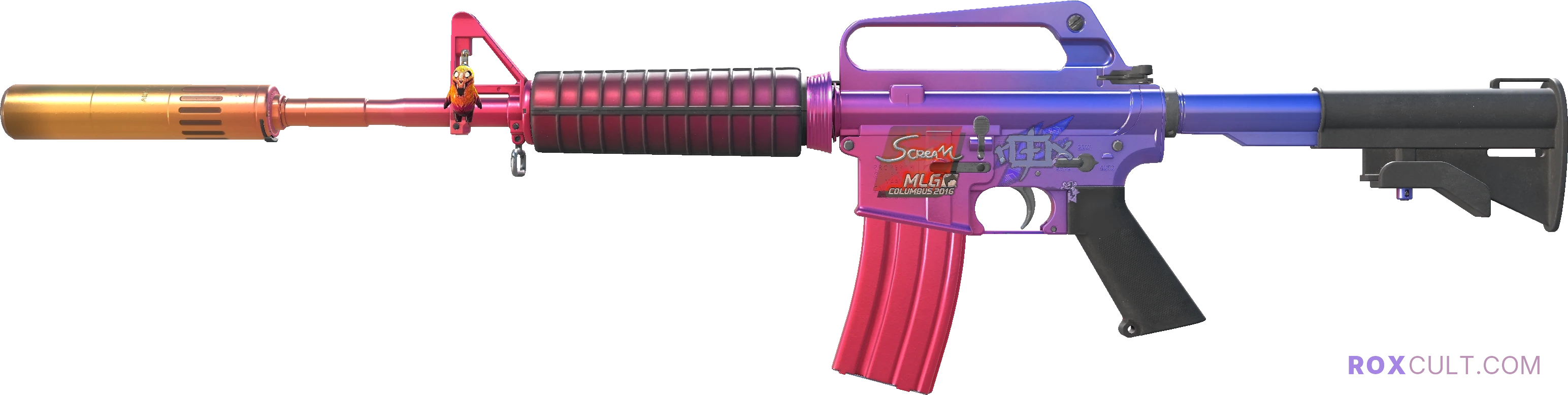 M4A1-S | Fade (Factory New) — rox (Holo) Antwerp 2022 craft, playside view with 1 rox (Holo) sticker