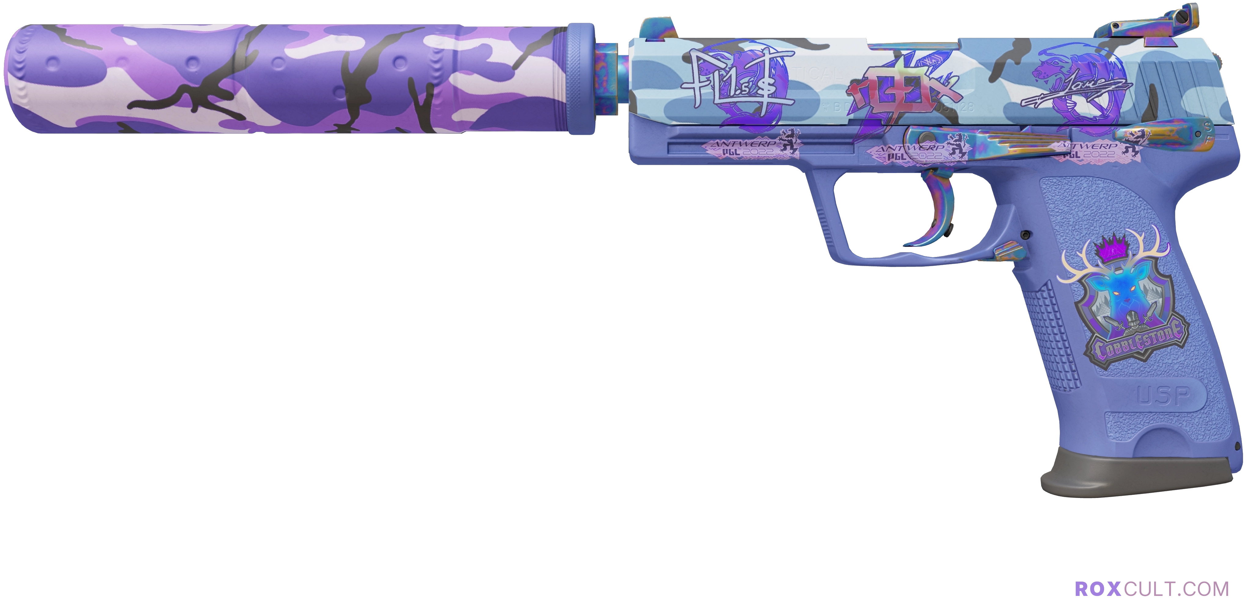 USP-S | Alpine Camo (Factory New) — rox (Holo) Antwerp 2022 craft, playside view with 1 rox (Holo) sticker