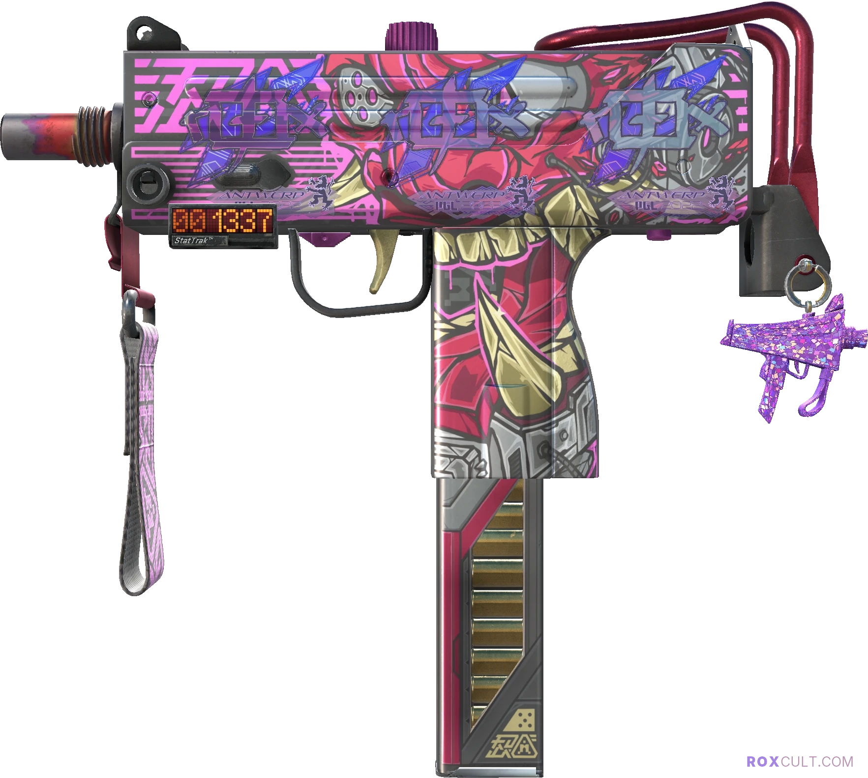 StatTrak™ MAC-10 | Saibā Oni (Factory New) — rox (Holo) Antwerp 2022 craft, playside view with 3 rox (Holo) stickers