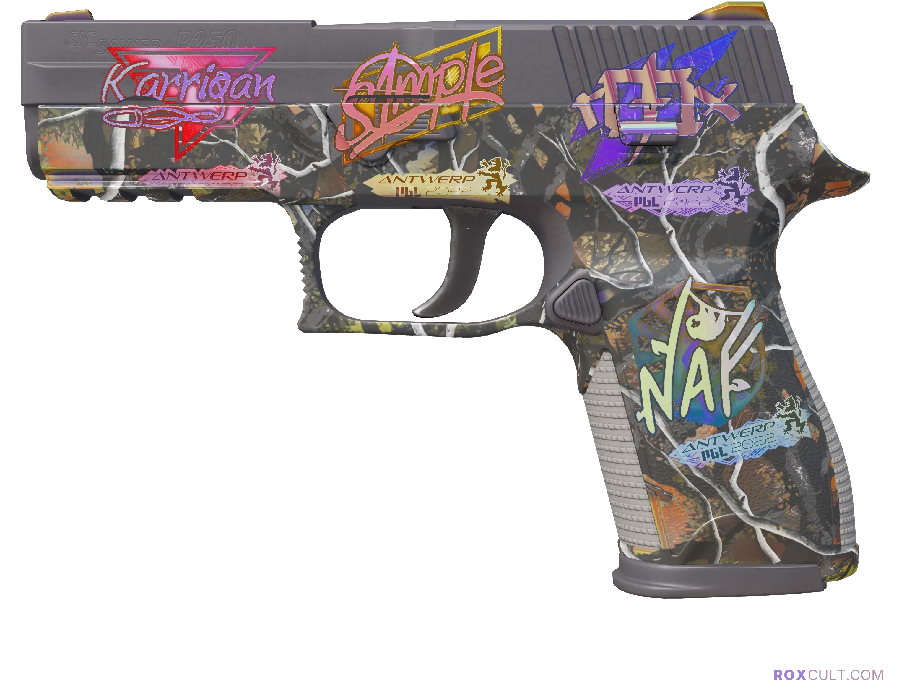 P250 | Small Game (Factory New) — rox (Holo) Antwerp 2022 craft, playside view with 1 rox (Holo) sticker