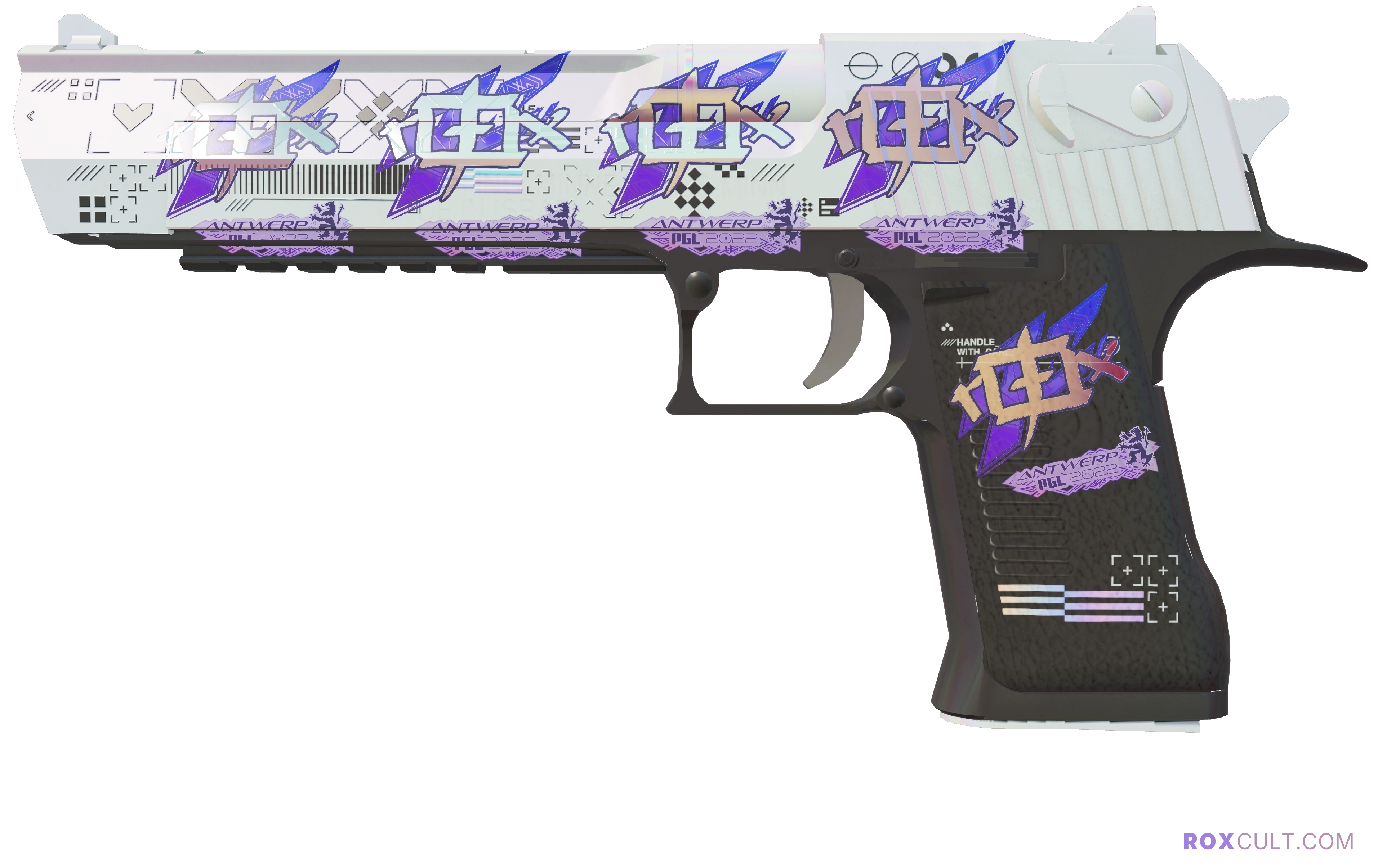 Desert Eagle | Printstream (Factory New) — rox (Holo) Antwerp 2022 craft, playside view with 5 rox (Holo) stickers
