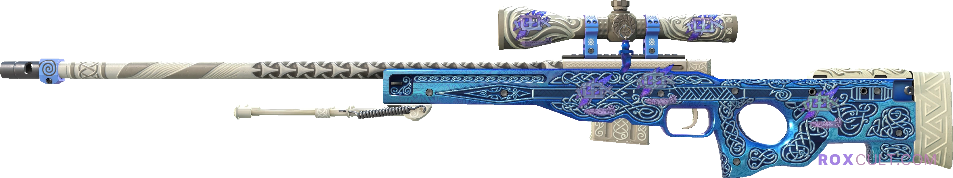 AWP | Gungnir (Factory New) — rox (Holo) Antwerp 2022 craft, playside view with 5 rox (Holo) stickers