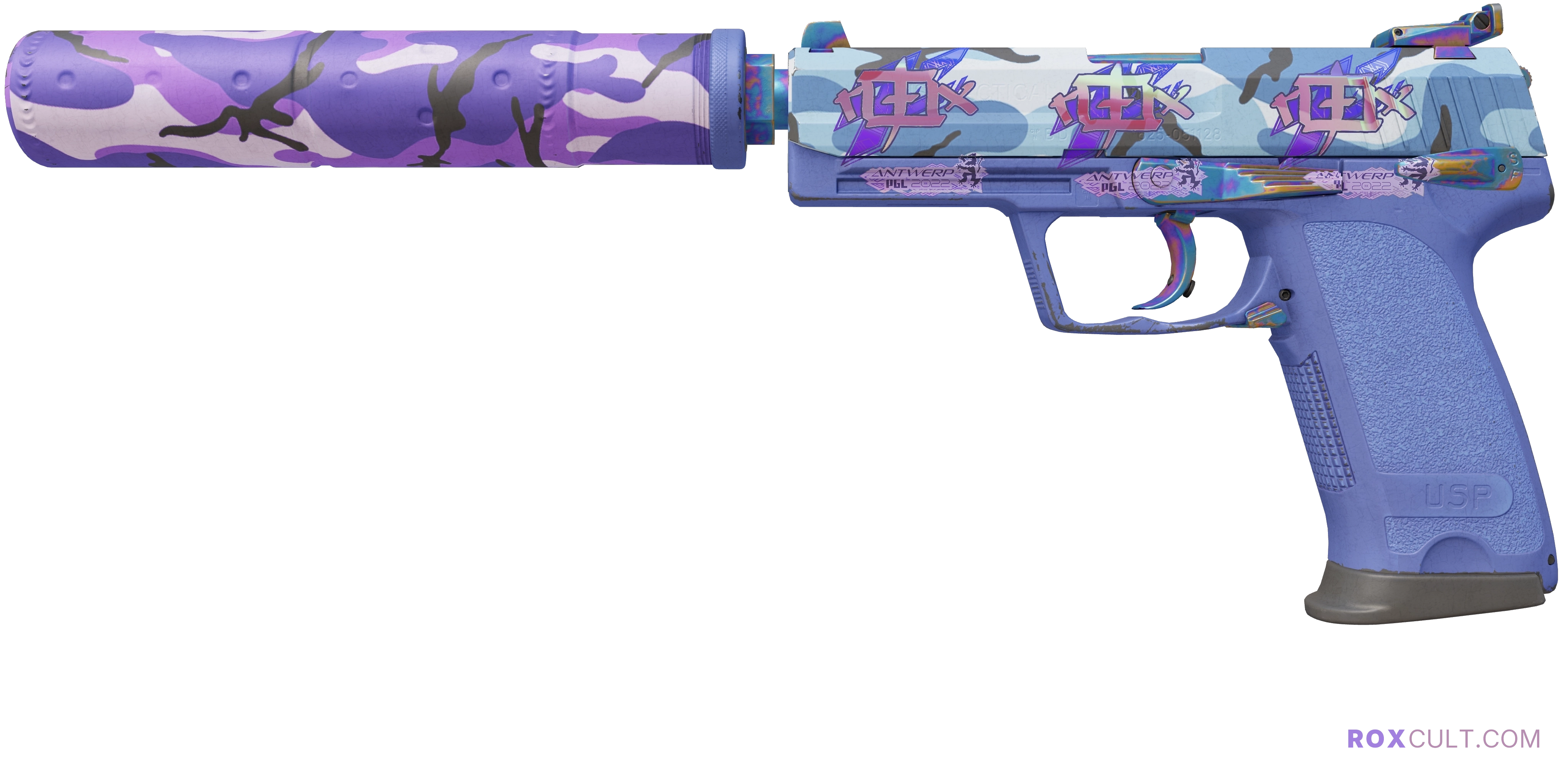 USP-S | Alpine Camo (Field-Tested) — rox (Holo) Antwerp 2022 craft, playside view with 3 rox (Holo) stickers