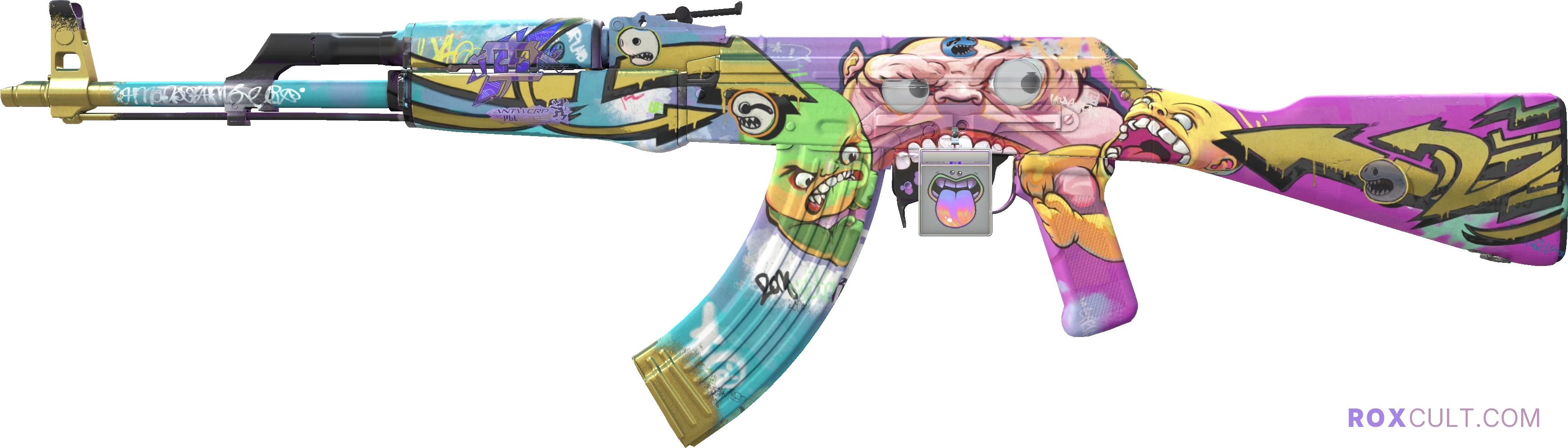 AK-47 | B the Monster (Minimal Wear) — rox (Holo) Antwerp 2022 craft, playside view with 1 rox (Holo) sticker