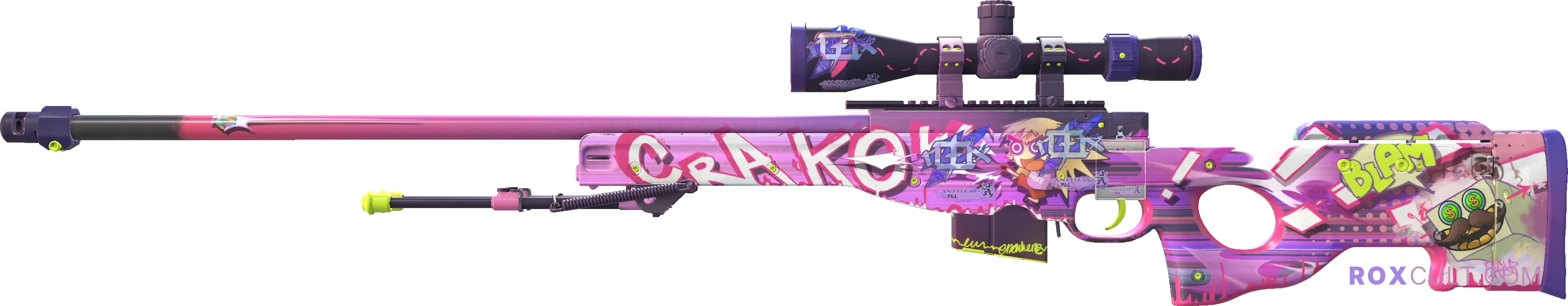 AWP | Crakow! (Minimal Wear) — rox (Holo) Antwerp 2022 craft, playside view with 3 rox (Holo) stickers