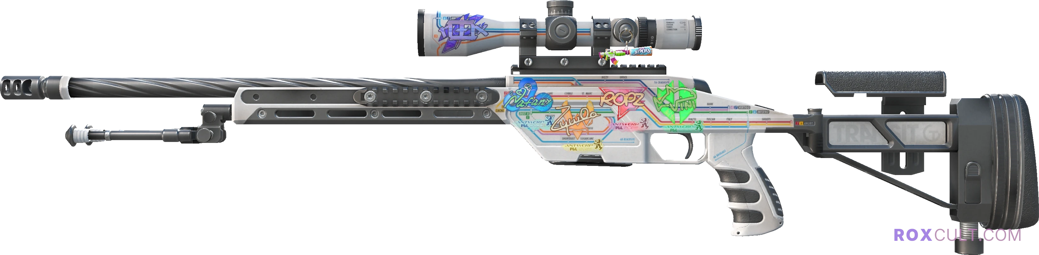 SSG 08 | Rapid Transit (Factory New) — rox (Holo) Antwerp 2022 craft, playside view with 1 rox (Holo) sticker