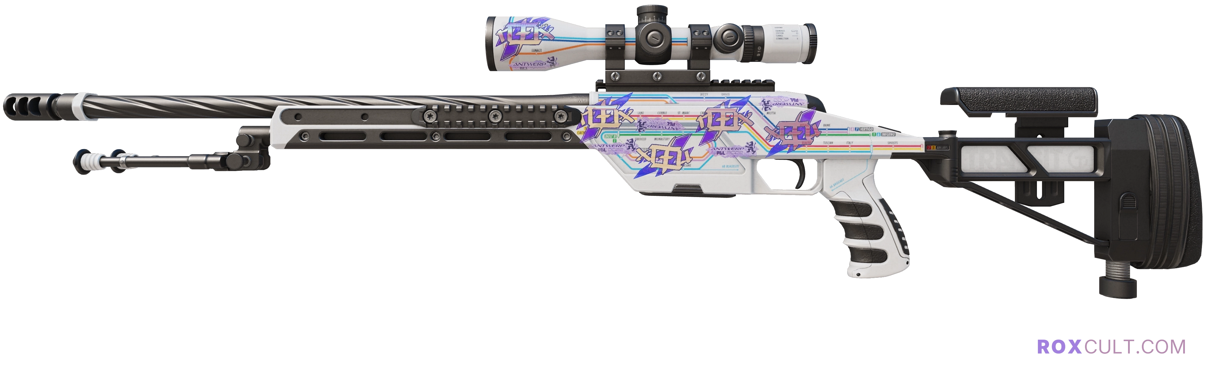 SSG 08 | Rapid Transit (Factory New) — rox (Holo) Antwerp 2022 craft, playside view with 5 rox (Holo) stickers