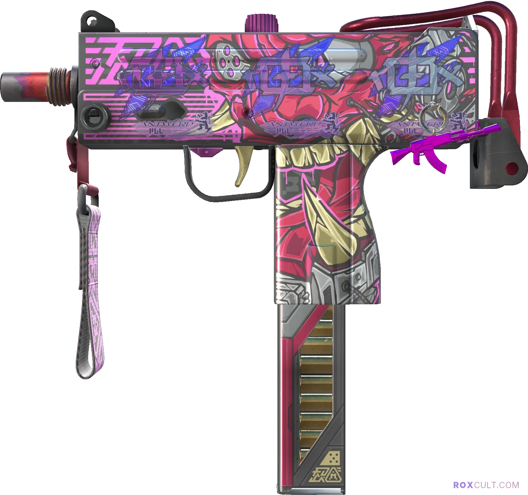 MAC-10 | Saibā Oni (Factory New) — rox (Holo) Antwerp 2022 craft, playside view with 3 rox (Holo) stickers