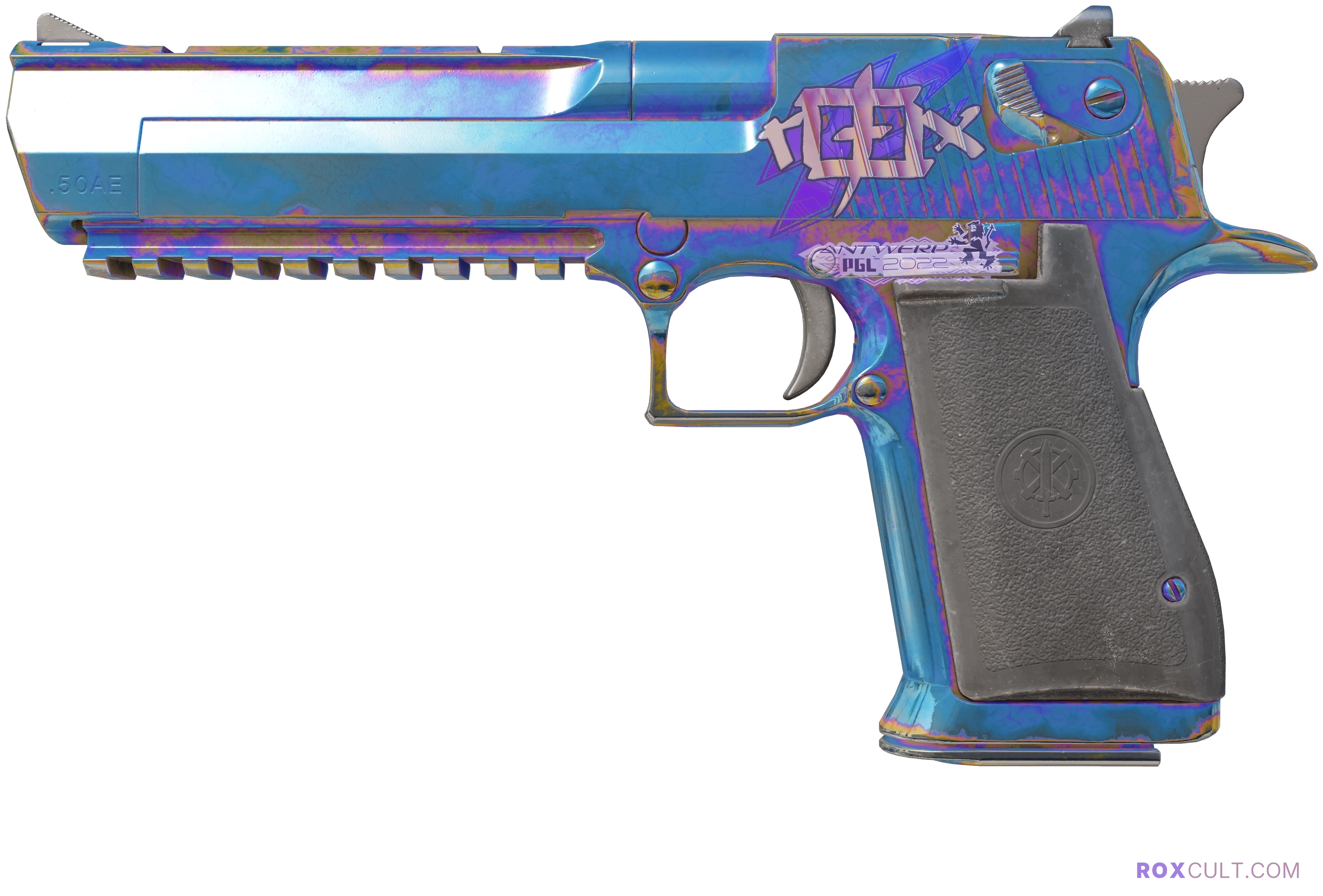 Desert Eagle | Heat Treated (Minimal Wear) — rox (Holo) Antwerp 2022 craft, playside view with 1 rox (Holo) sticker