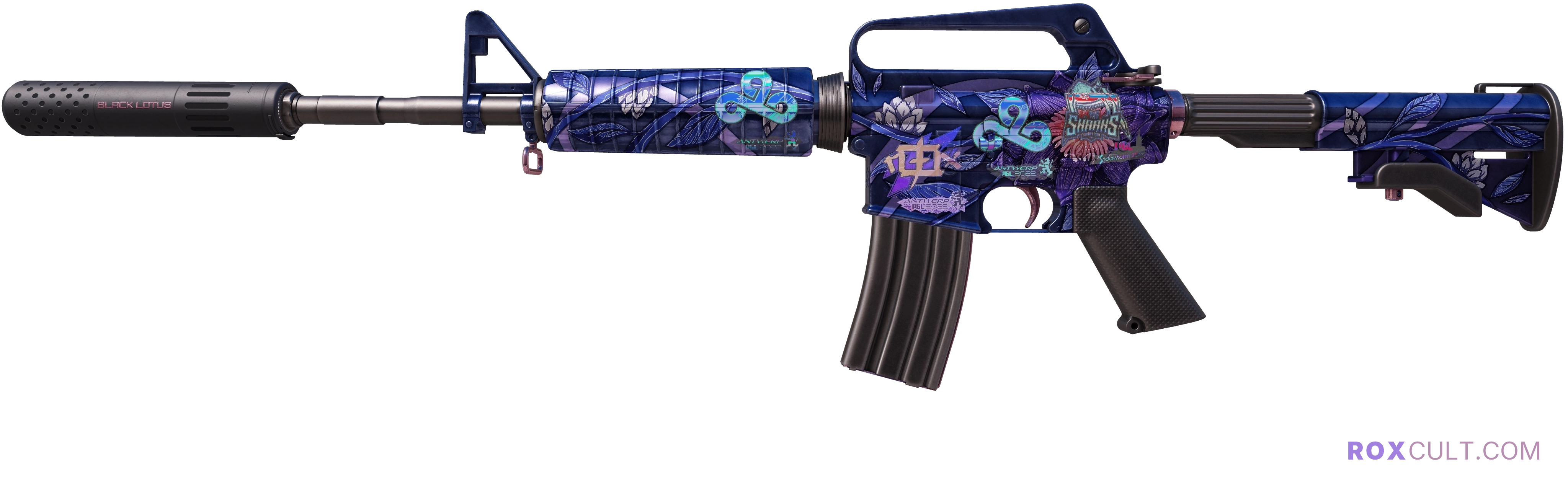 M4A1-S | Black Lotus (Field-Tested) — rox (Holo) Antwerp 2022 craft, playside view with 1 rox (Holo) sticker