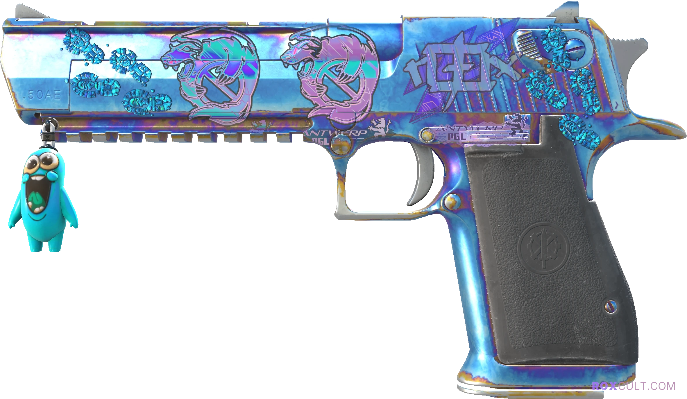 Desert Eagle | Heat Treated (Minimal Wear) — rox (Holo) Antwerp 2022 craft, playside view with 1 rox (Holo) sticker