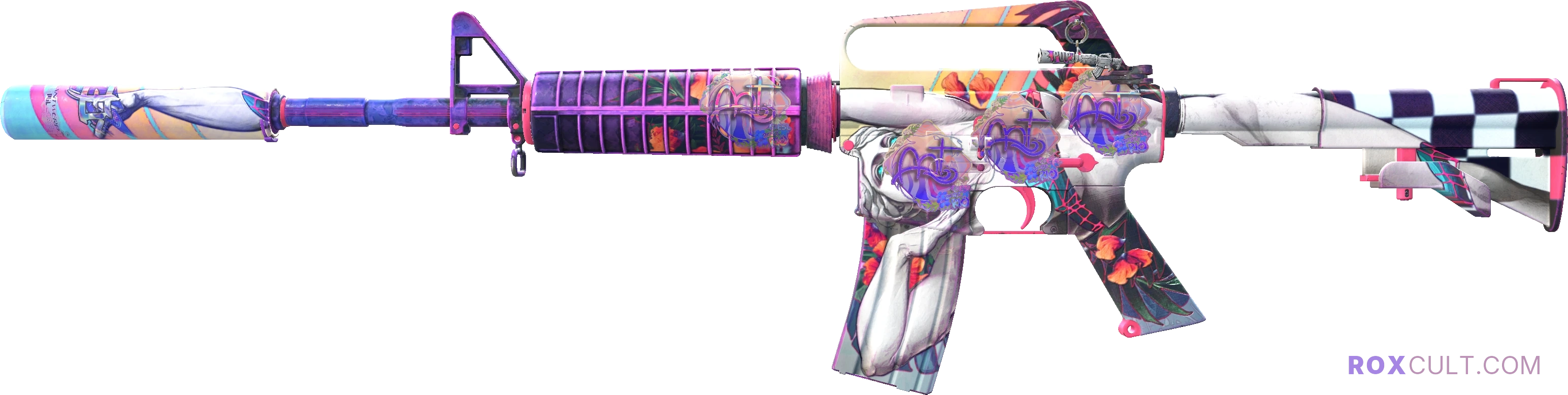 M4A1-S | Vaporwave (Factory New) — rox (Holo) Antwerp 2022 craft, playside view with 1 rox (Holo) sticker