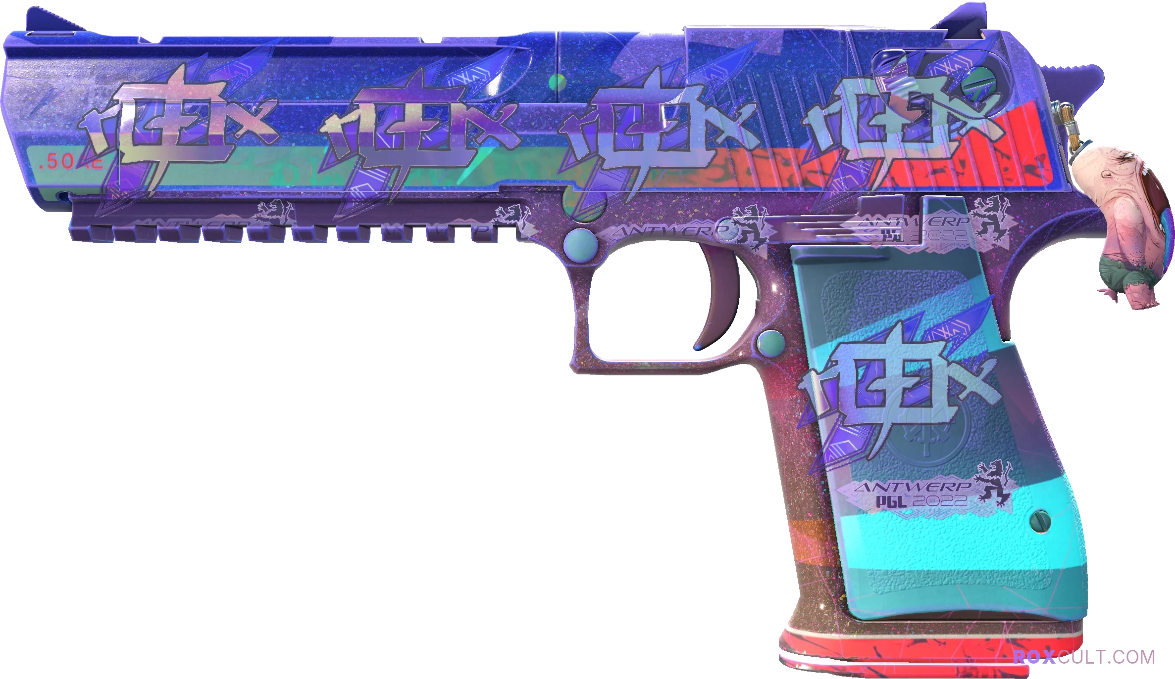 Desert Eagle | Starcade (Factory New) — rox (Holo) Antwerp 2022 craft, playside view with 5 rox (Holo) stickers