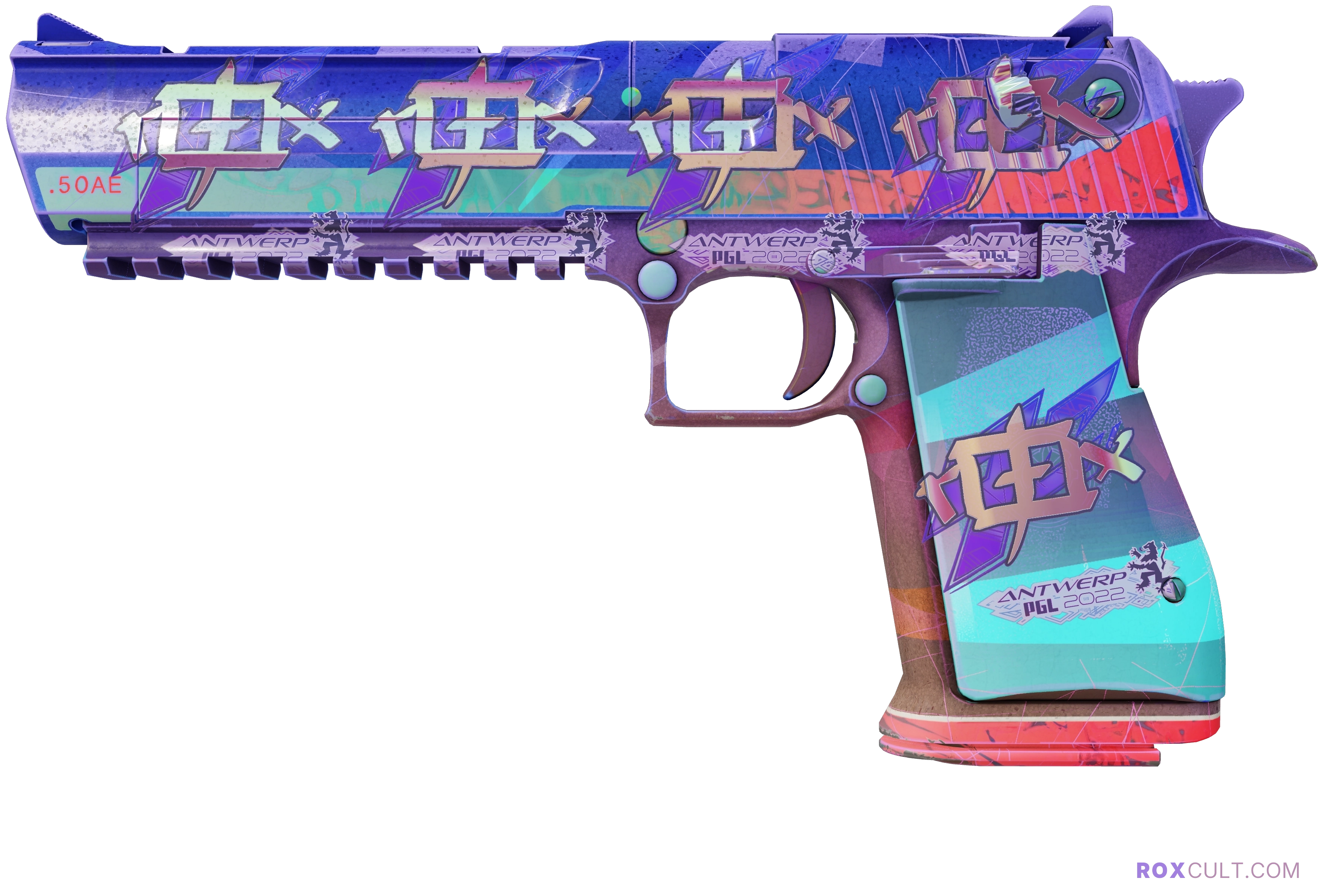 Desert Eagle | Starcade (Factory New) — rox (Holo) Antwerp 2022 craft, playside view with 5 rox (Holo) stickers