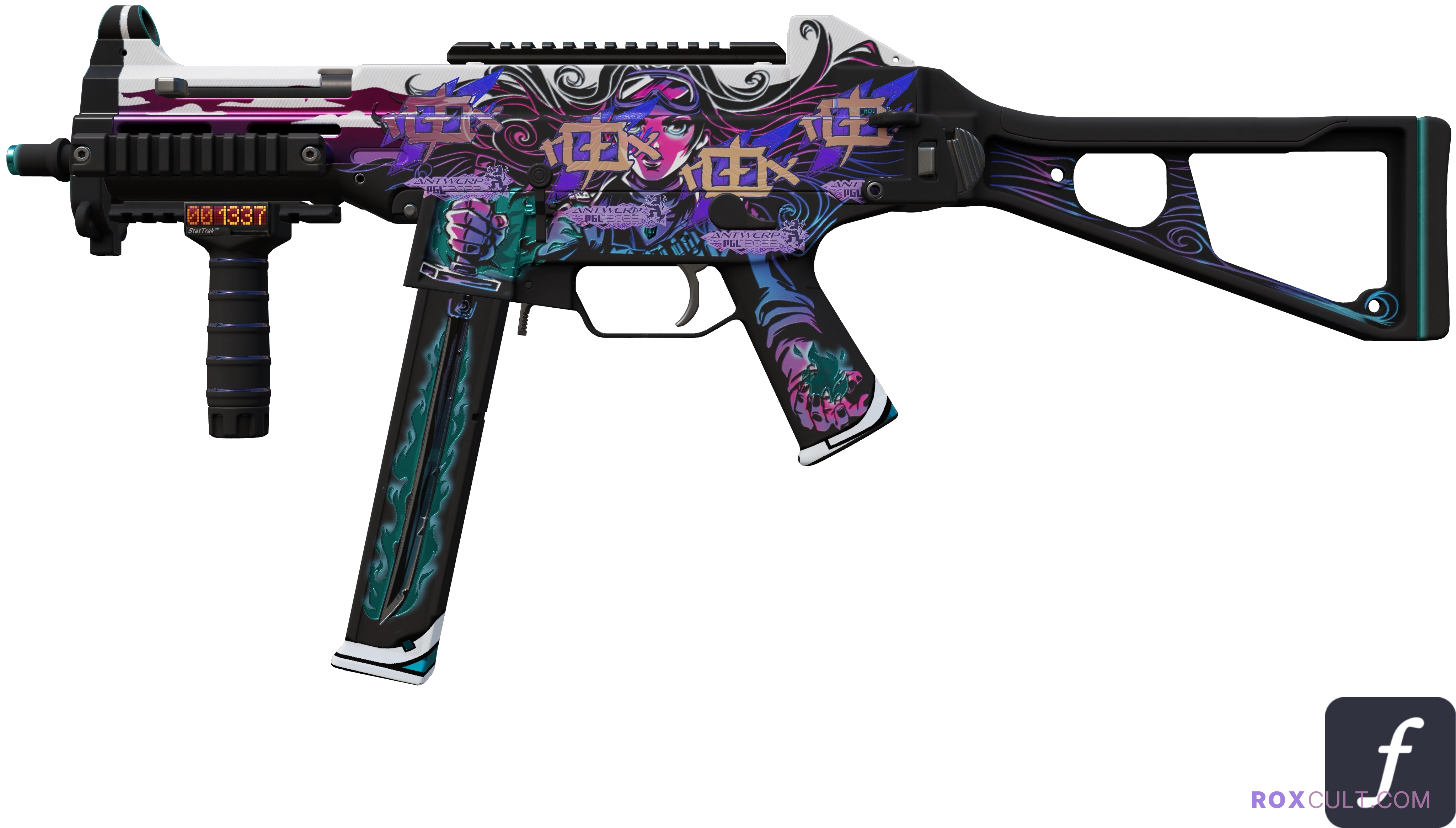 StatTrak™ UMP-45 | Neo-Noir (Factory New) — rox (Holo) Antwerp 2022 craft, playside view with 4 rox (Holo) stickers