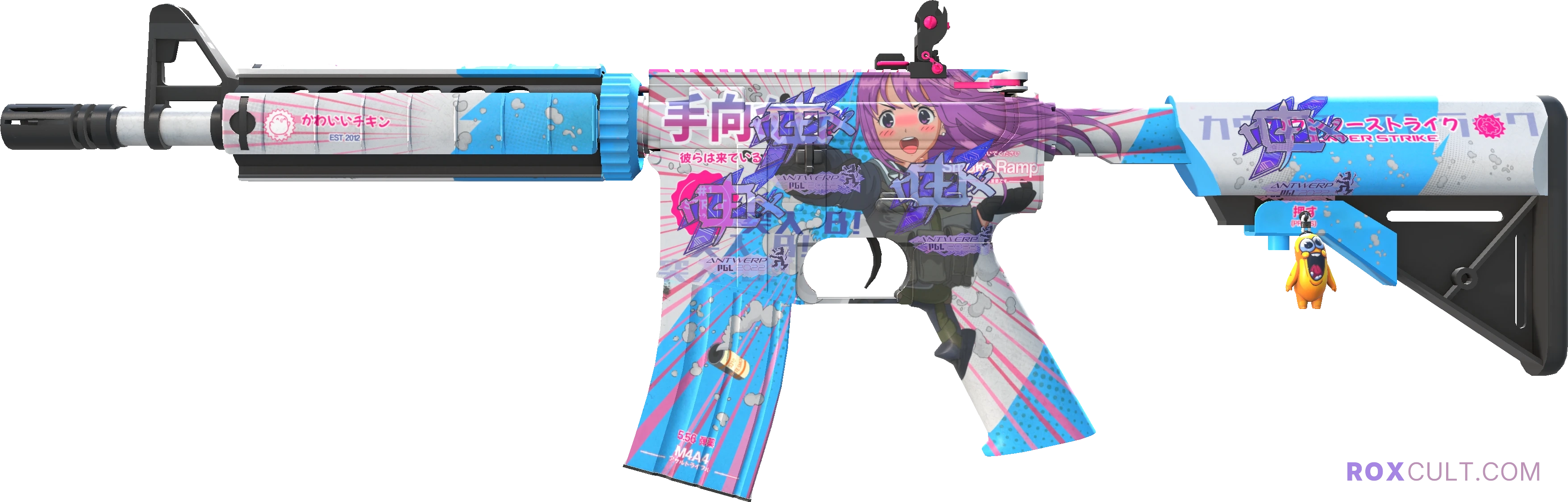 M4A4 | Temukau (Factory New) — rox (Holo) Antwerp 2022 craft, playside view with 4 rox (Holo) stickers