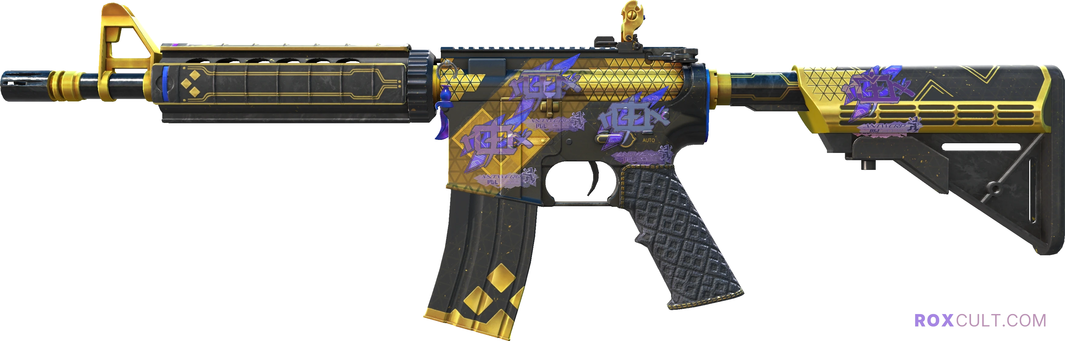 M4A4 | The Coalition (Factory New) — rox (Holo) Antwerp 2022 craft, playside view with 4 rox (Holo) stickers