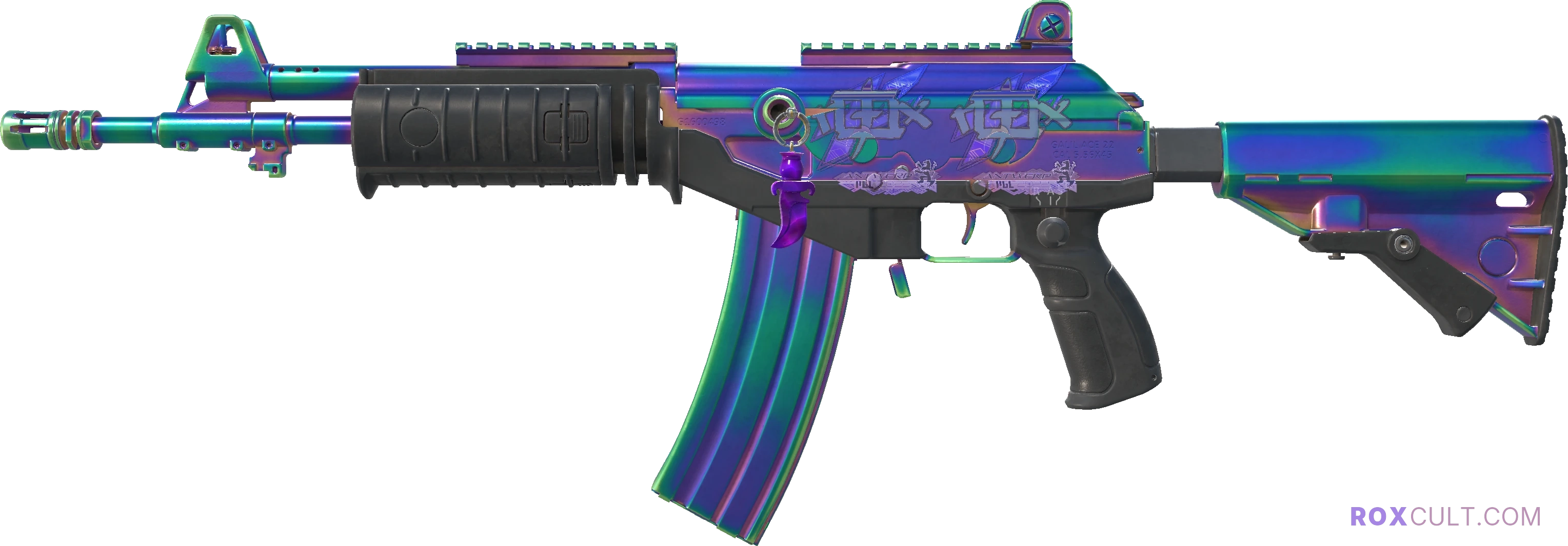 Galil AR | Rainbow Spoon (Minimal Wear) — rox (Holo) Antwerp 2022 craft, playside view with 2 rox (Holo) stickers