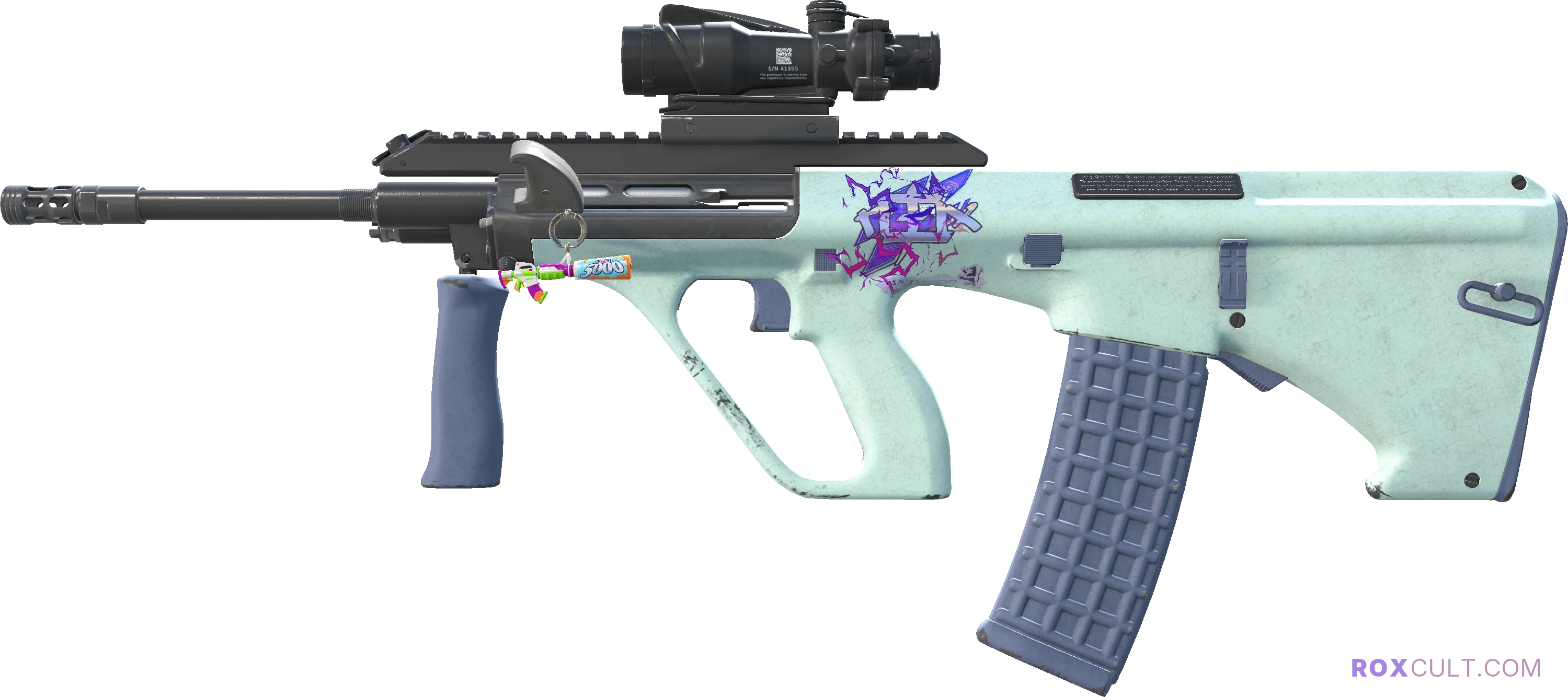 AUG | Storm (Field-Tested) — rox (Holo) Antwerp 2022 craft, playside view with 1 rox (Holo) sticker