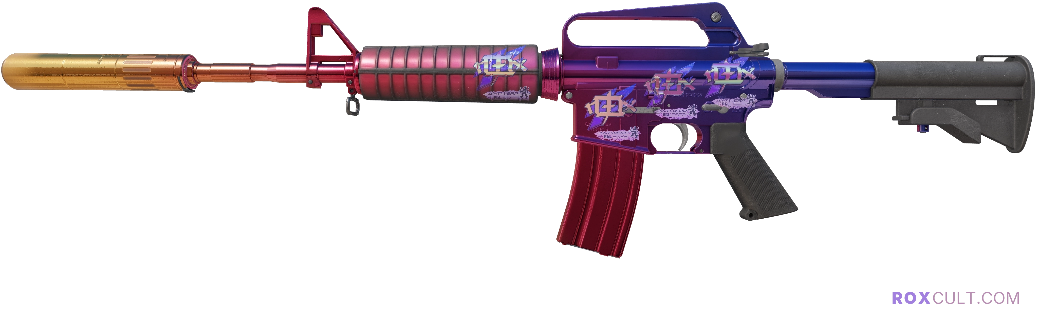 M4A1-S | Fade (Factory New) — rox (Holo) Antwerp 2022 craft, playside view with 4 rox (Holo) stickers