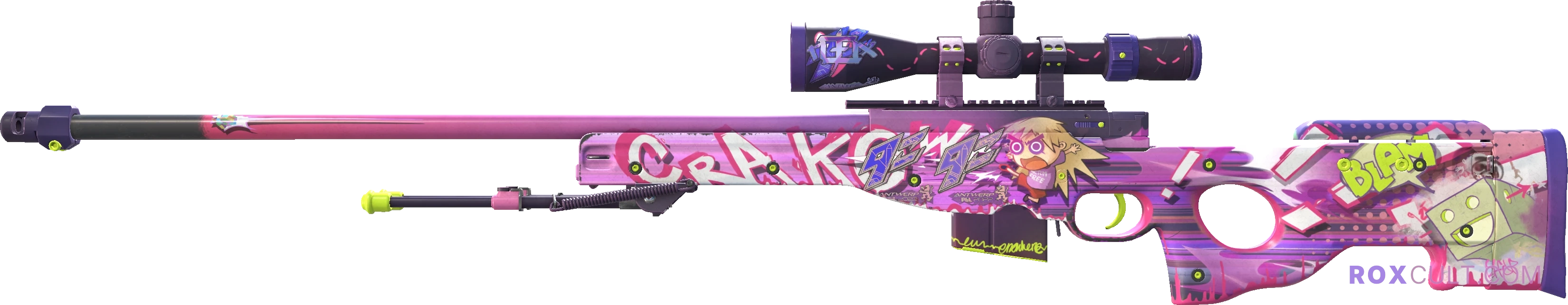 AWP | Crakow! (Field-Tested) — rox (Holo) Antwerp 2022 craft, playside view with 1 rox (Holo) sticker