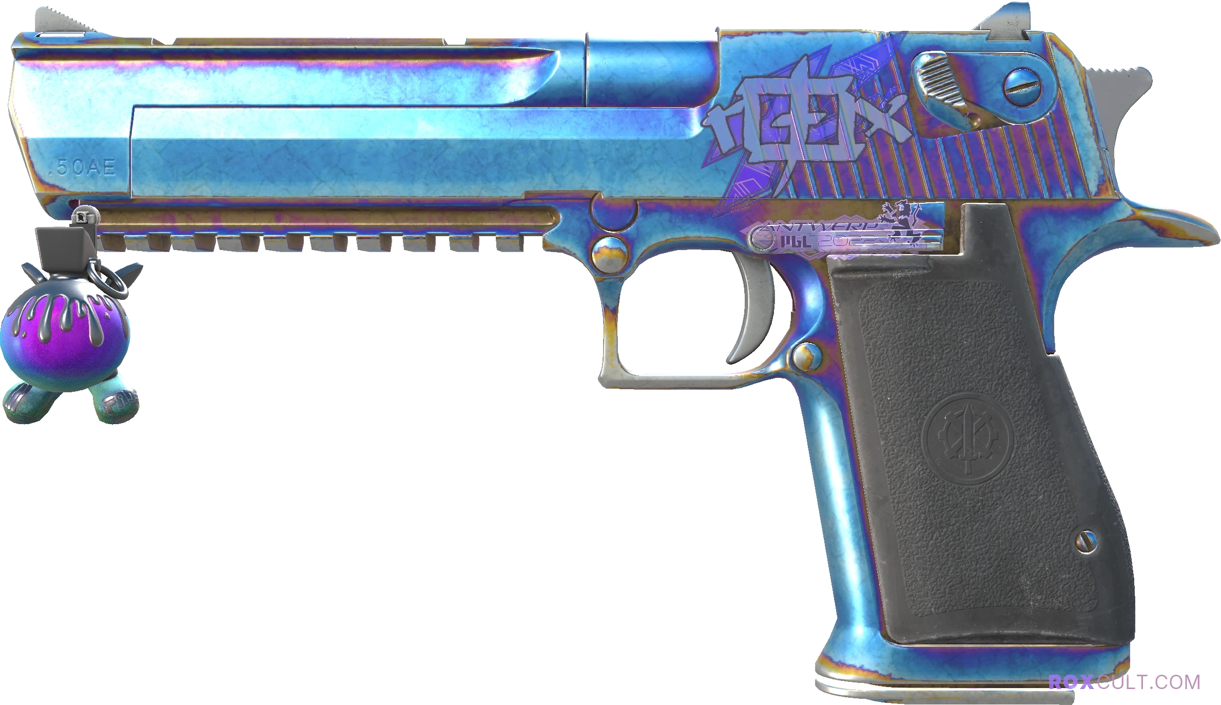 Desert Eagle | Heat Treated (Field-Tested) — rox (Holo) Antwerp 2022 craft, playside view with 1 rox (Holo) sticker