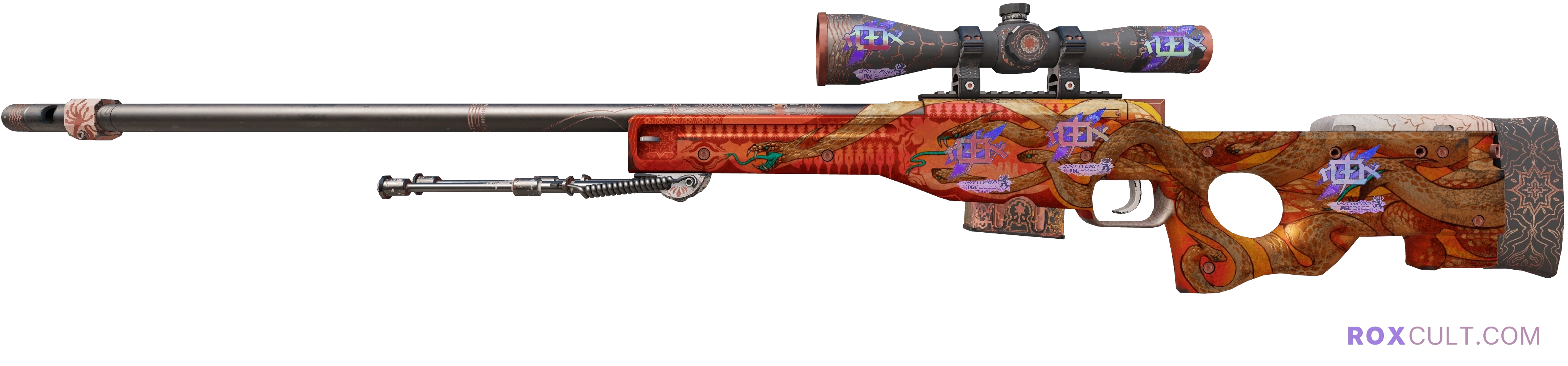 Souvenir AWP | Desert Hydra (Battle-Scarred) — rox (Holo) Antwerp 2022 craft, playside view with 5 rox (Holo) stickers