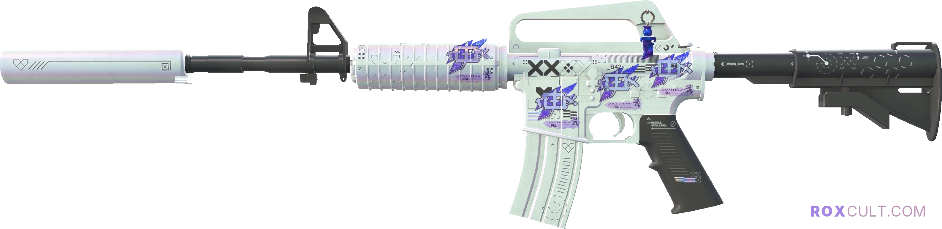 M4A1-S | Printstream (Factory New) — rox (Holo) Antwerp 2022 craft, playside view with 4 rox (Holo) stickers