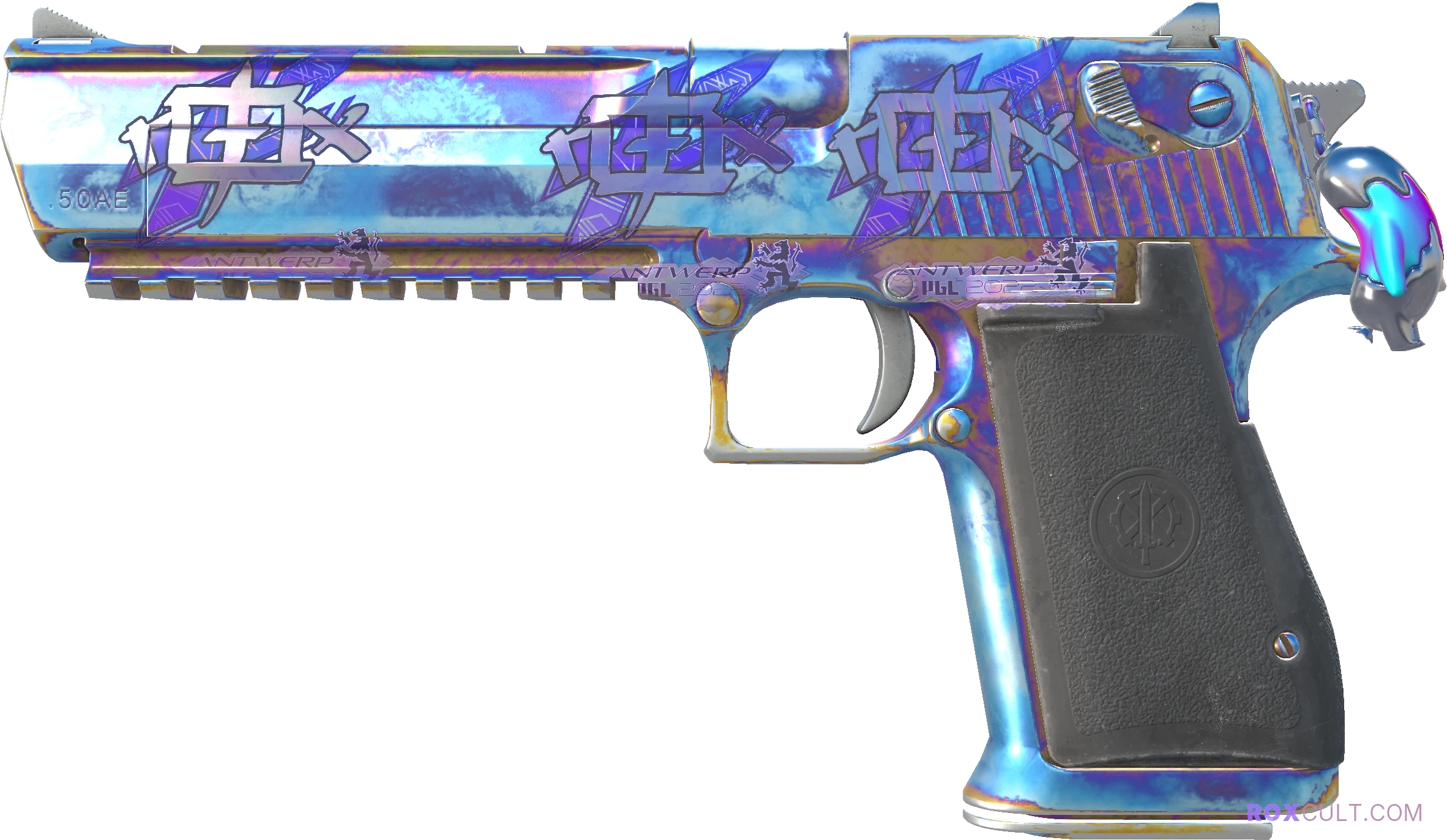 Desert Eagle | Heat Treated (Factory New) — rox (Holo) Antwerp 2022 craft, playside view with 3 rox (Holo) stickers