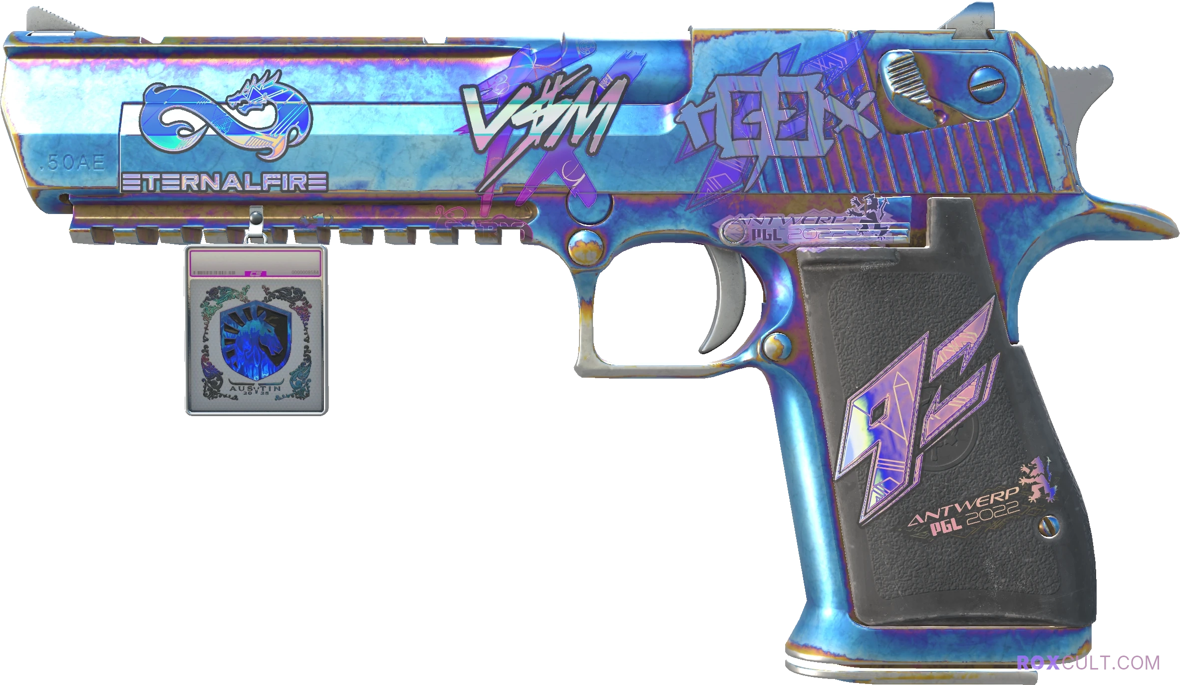 Desert Eagle | Heat Treated (Field-Tested) — rox (Holo) Antwerp 2022 craft, playside view with 1 rox (Holo) sticker