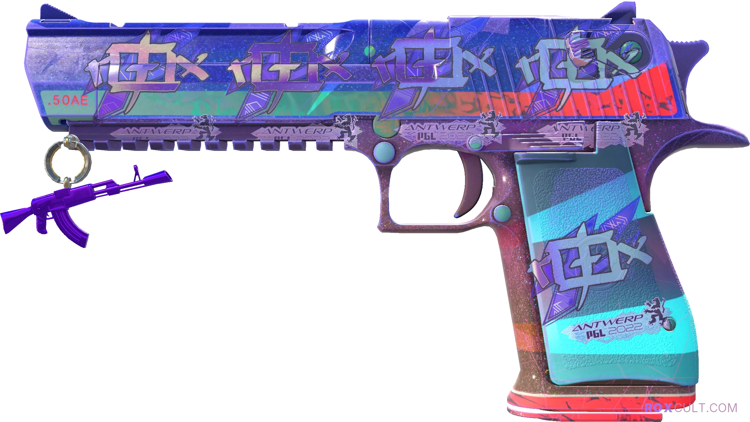 Desert Eagle | Starcade (Factory New) — rox (Holo) Antwerp 2022 craft, playside view with 5 rox (Holo) stickers