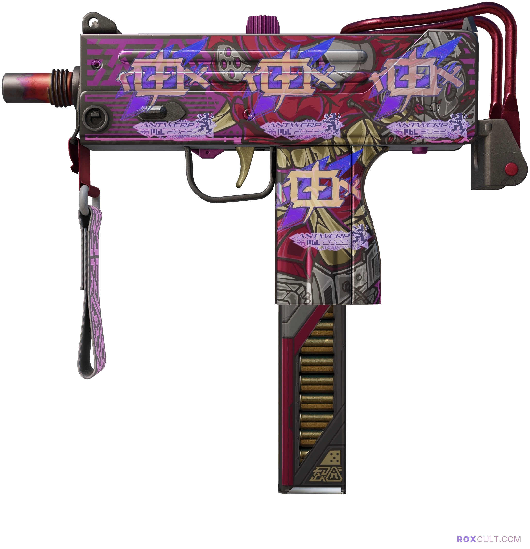 MAC-10 | Saibā Oni (Factory New) — rox (Holo) Antwerp 2022 craft, playside view with 4 rox (Holo) stickers