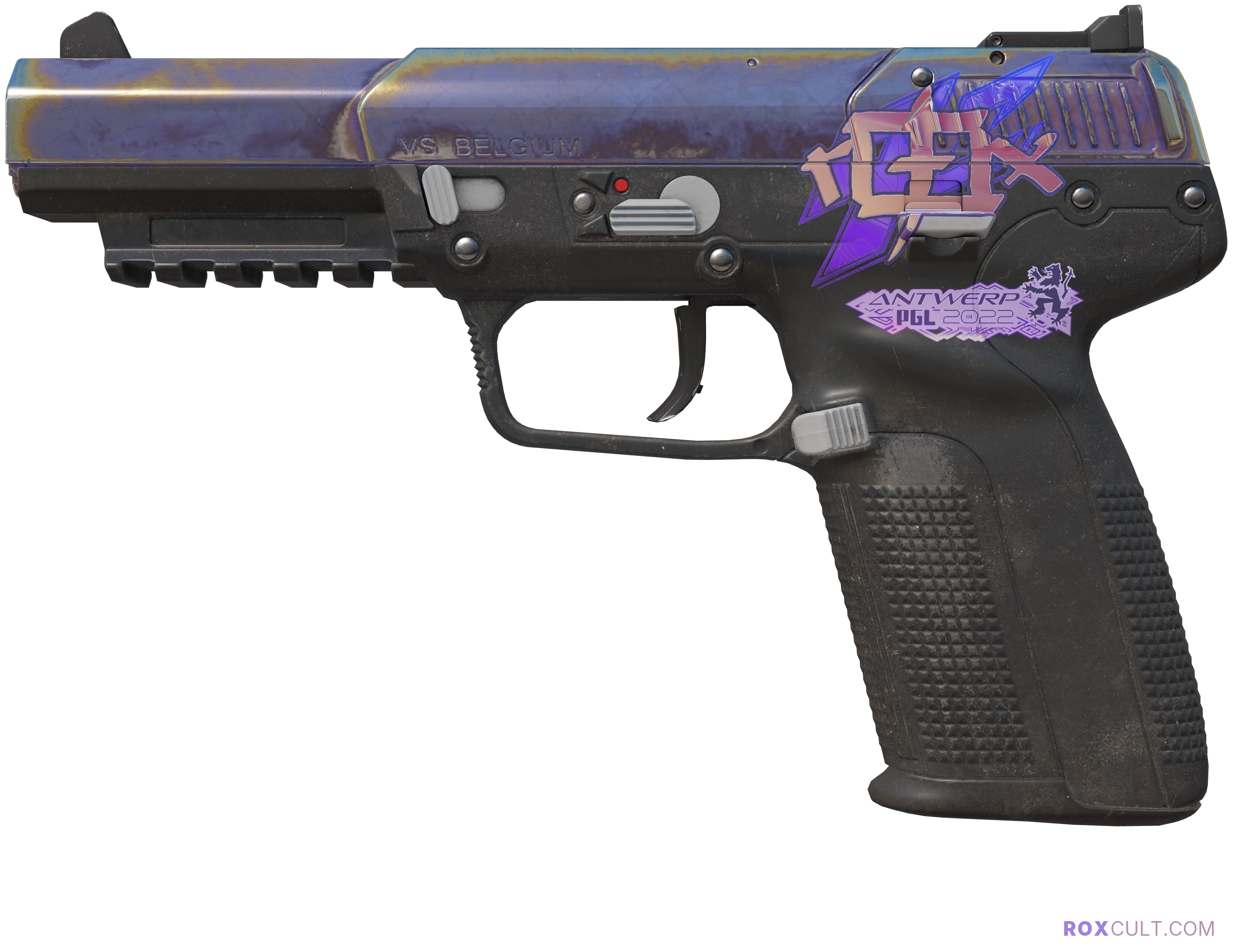 Five-SeveN | Heat Treated (Field-Tested) — rox (Holo) Antwerp 2022 craft, playside view with 1 rox (Holo) sticker