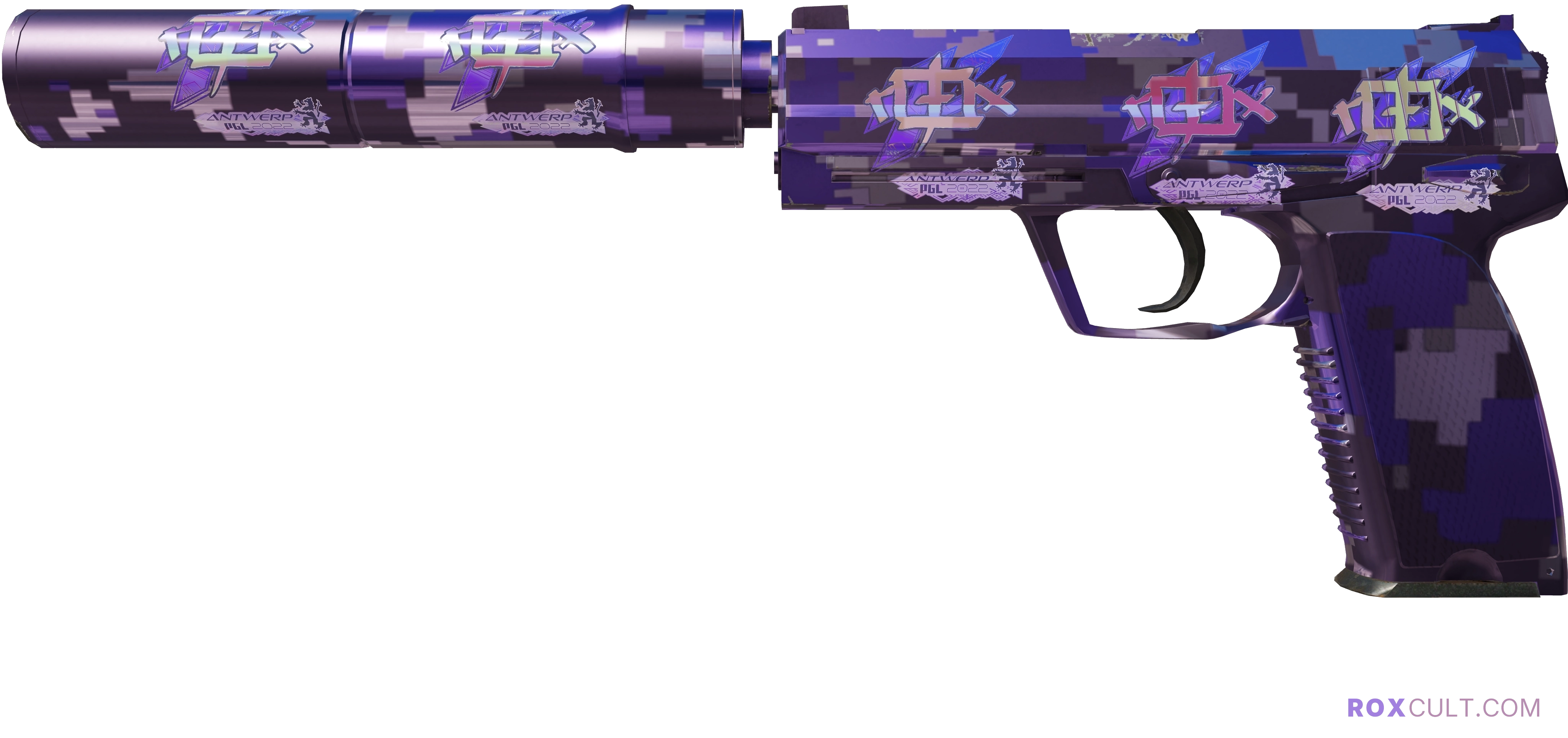 USP-S | Purple DDPAT (Factory New) — rox (Holo) Antwerp 2022 craft, playside view with 5 rox (Holo) stickers